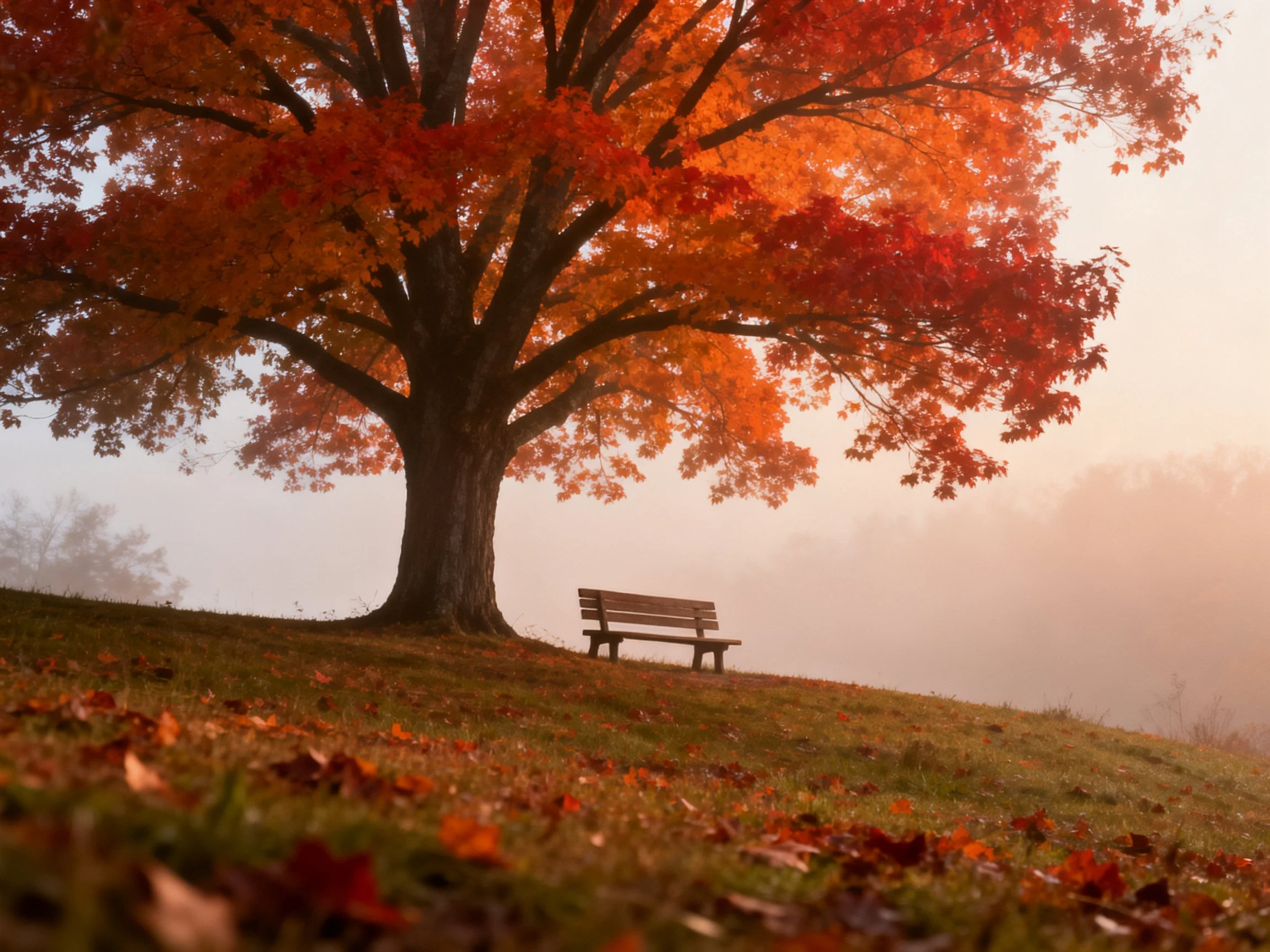 A large maple tree with vibrant fall foliage beside a wooden bench