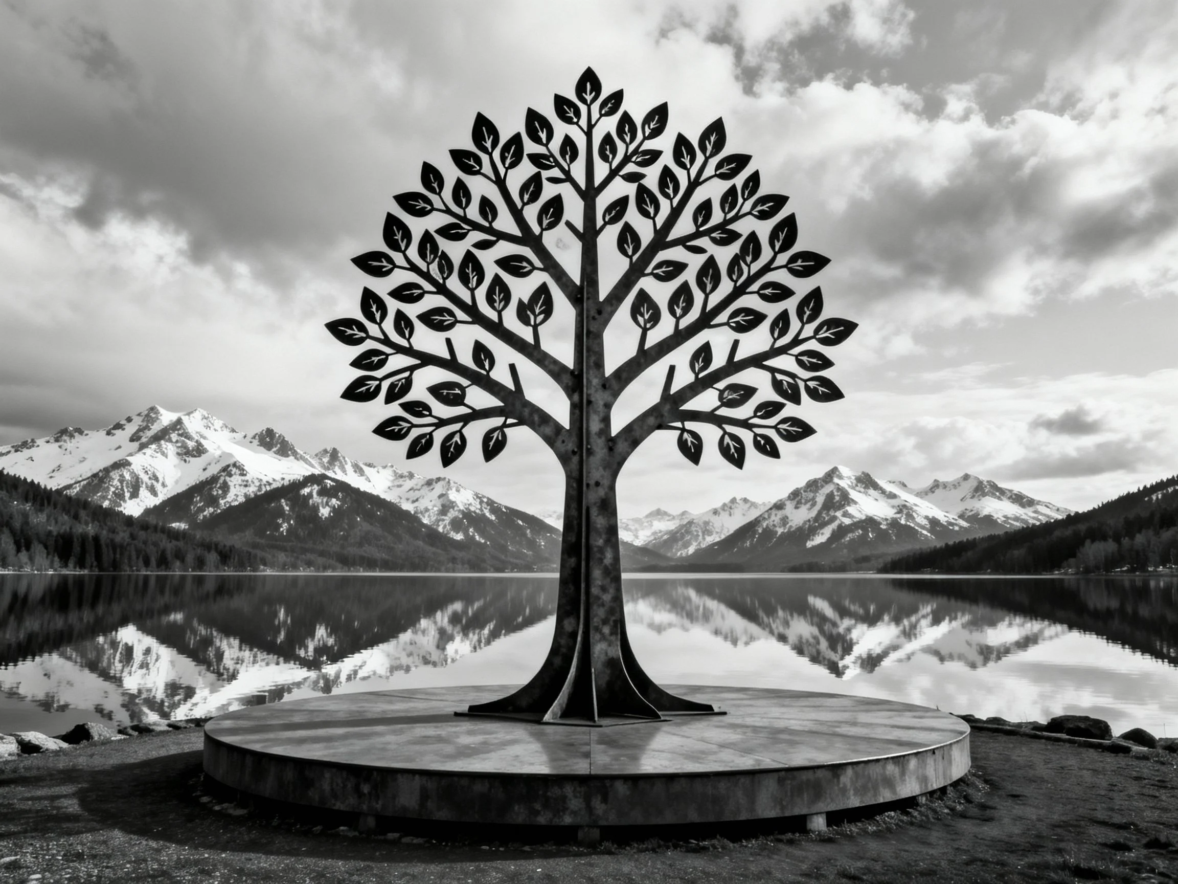 A large metal tree sculpture near snow-capped mountain peaks by reflective water