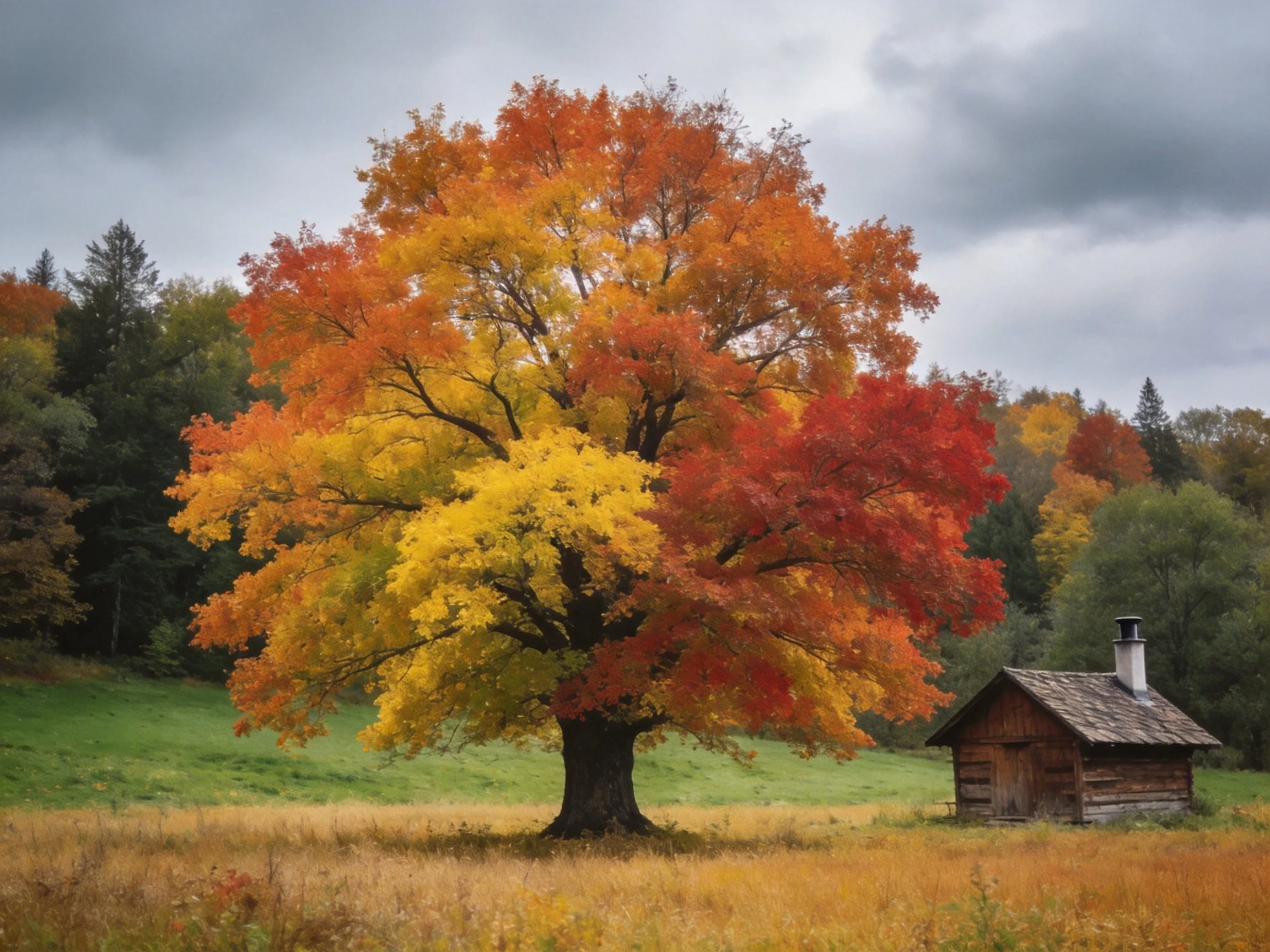A large multicolored maple tree beside a wooden cabin in autumn