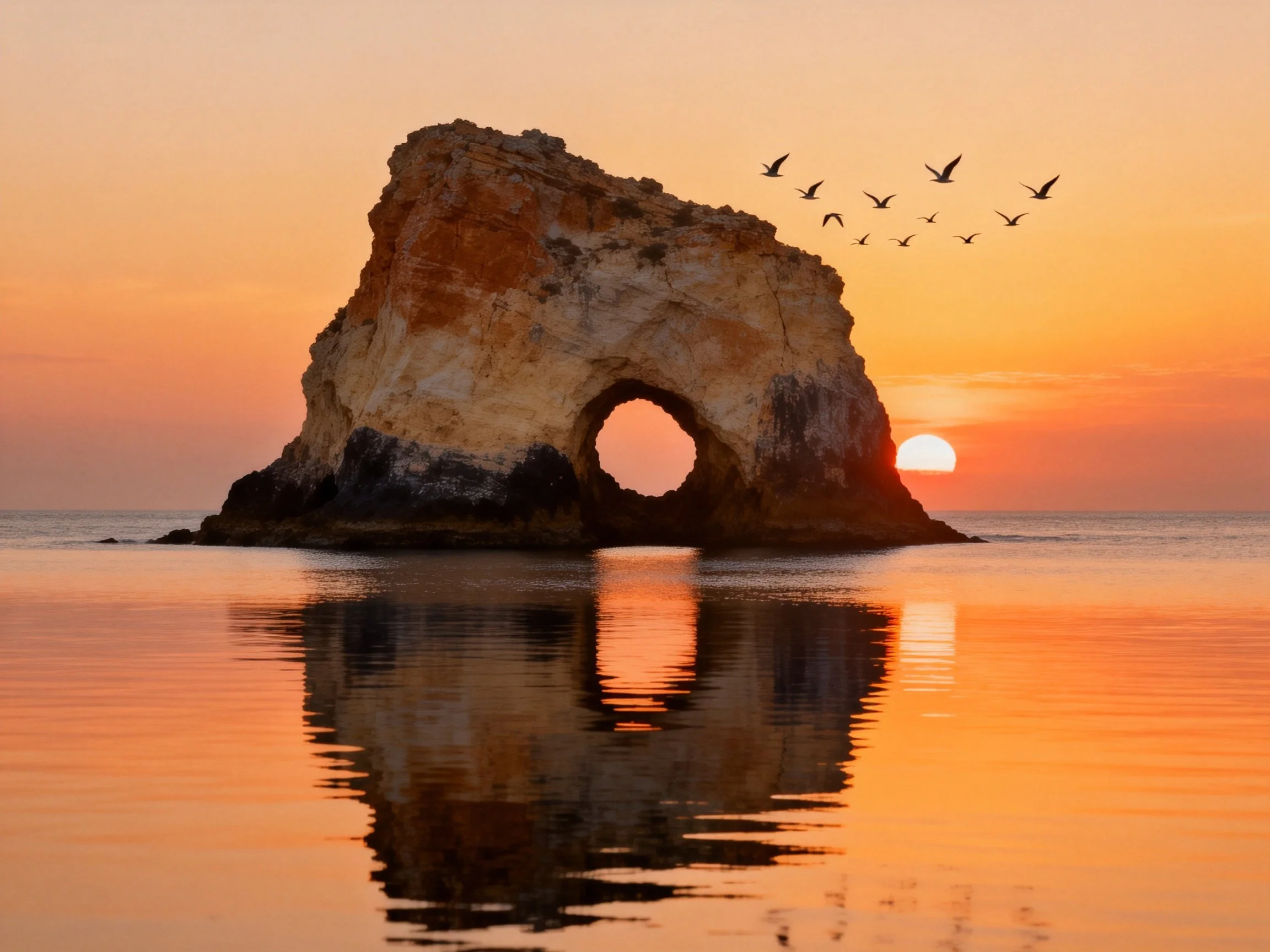 A large natural rock formation with a circular opening reflects at sunset