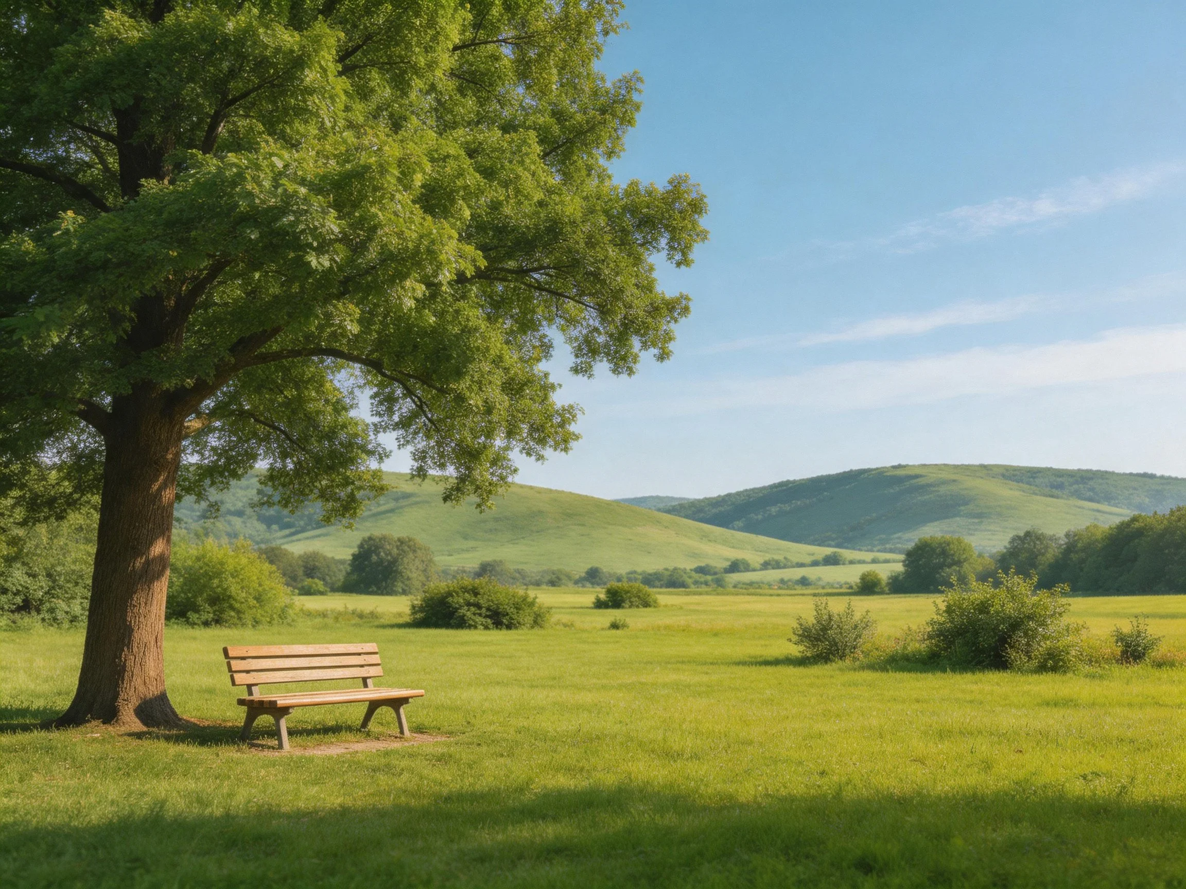 A large oak tree beside a wooden bench in a lush green meadow