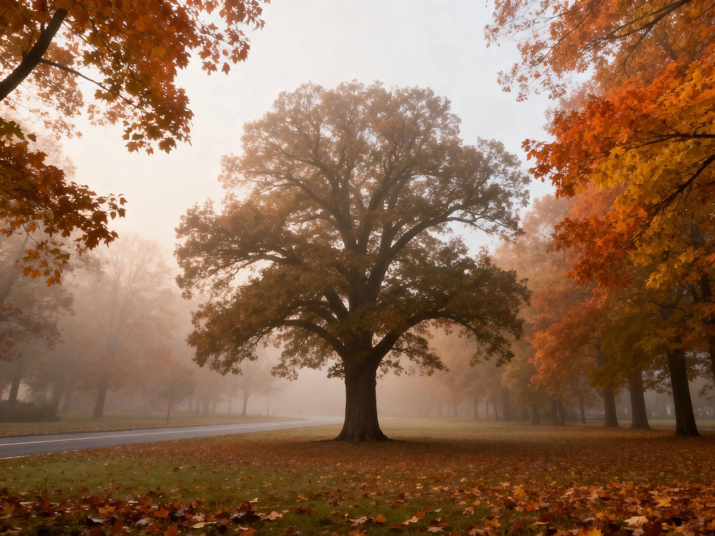 A large oak tree centered among autumn-colored trees in a foggy landscape