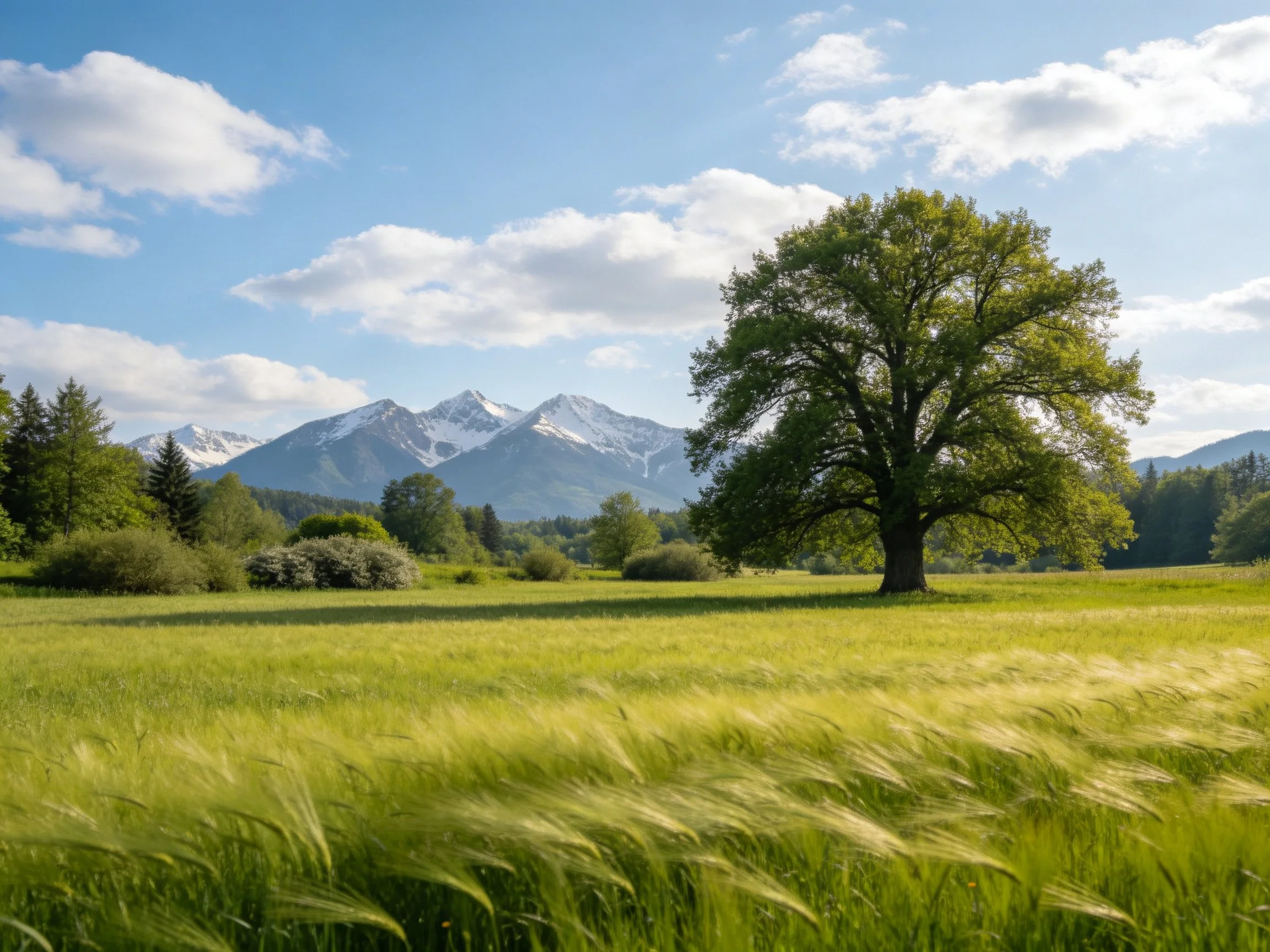 A large oak tree in a green meadow with snow - capped mountains
