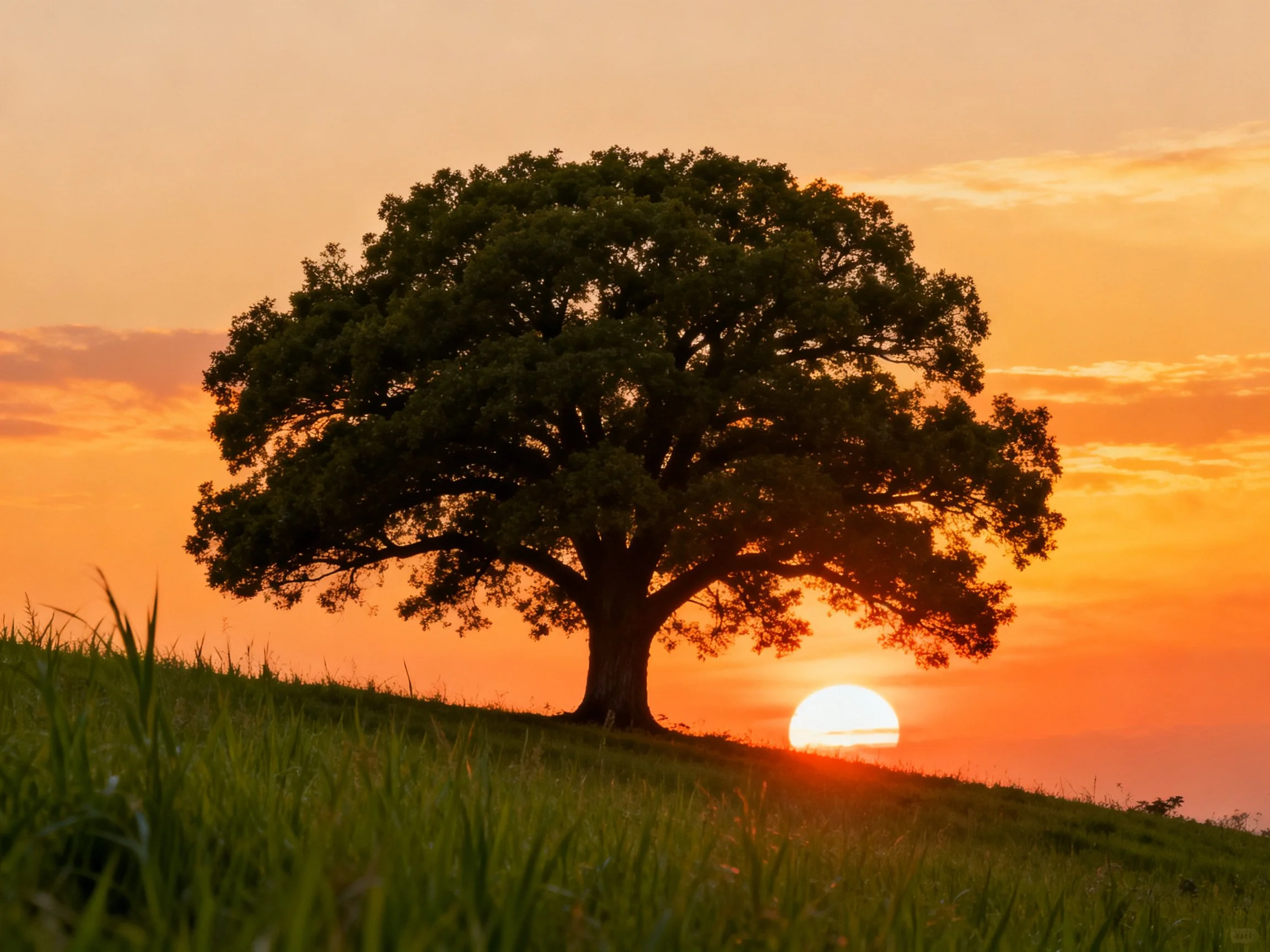 A large oak tree silhouetted against an orange-hued sunset over a grassy hill