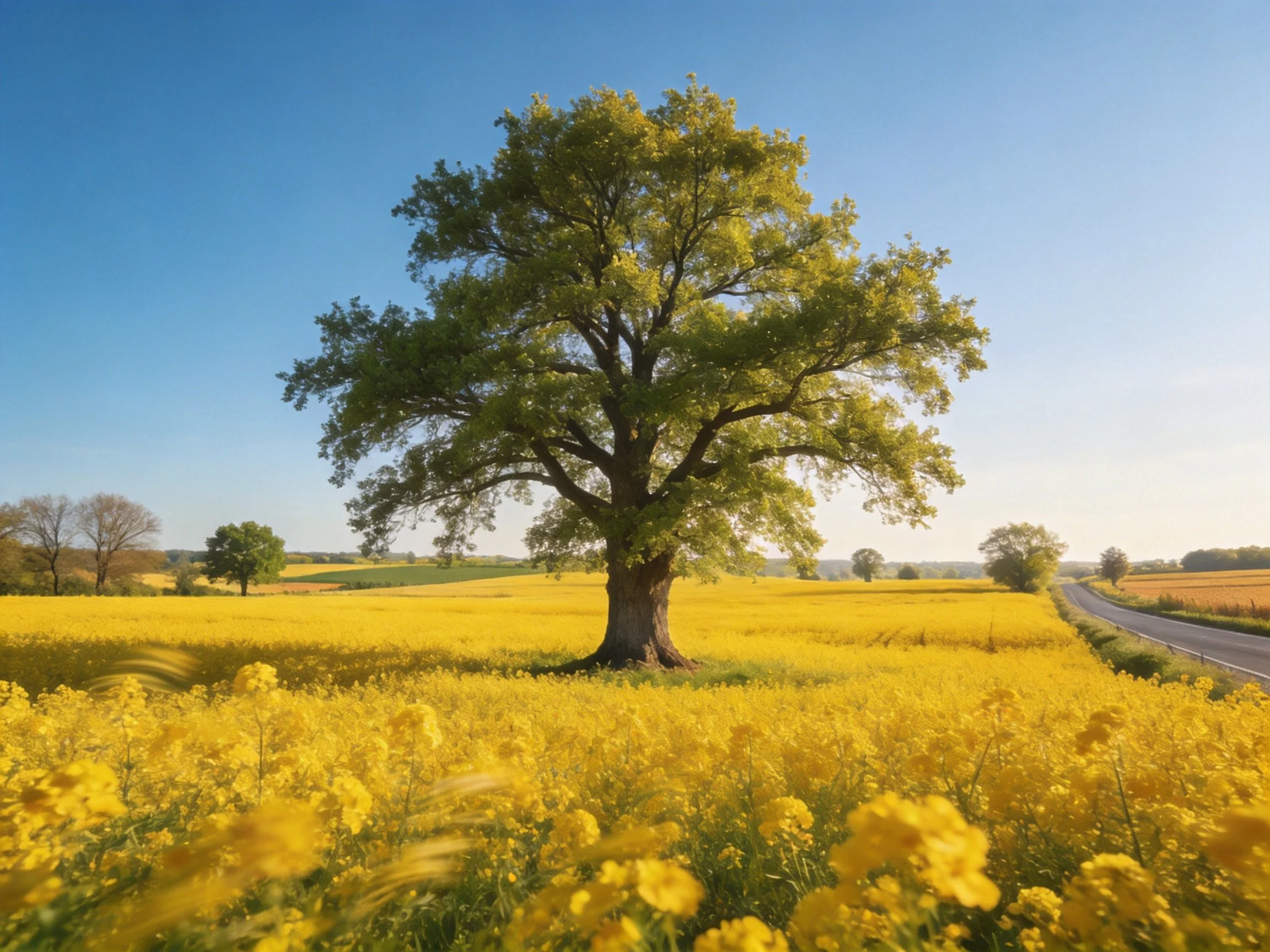 A large oak tree stands amid vibrant yellow flower fields under clear blue skies.