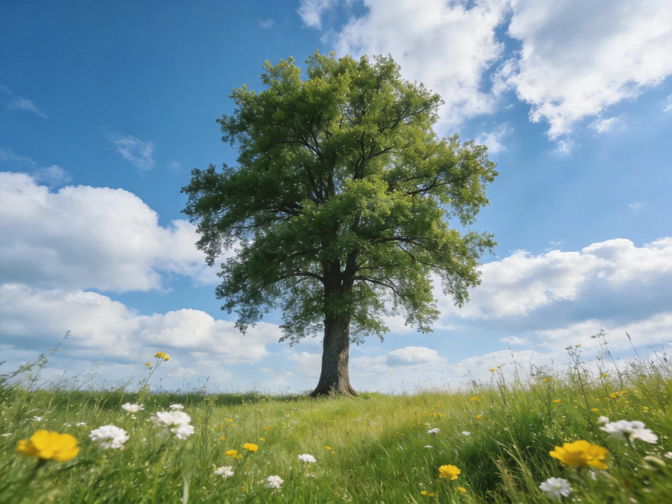 A large oak tree stands in a flower-filled meadow with blue skies