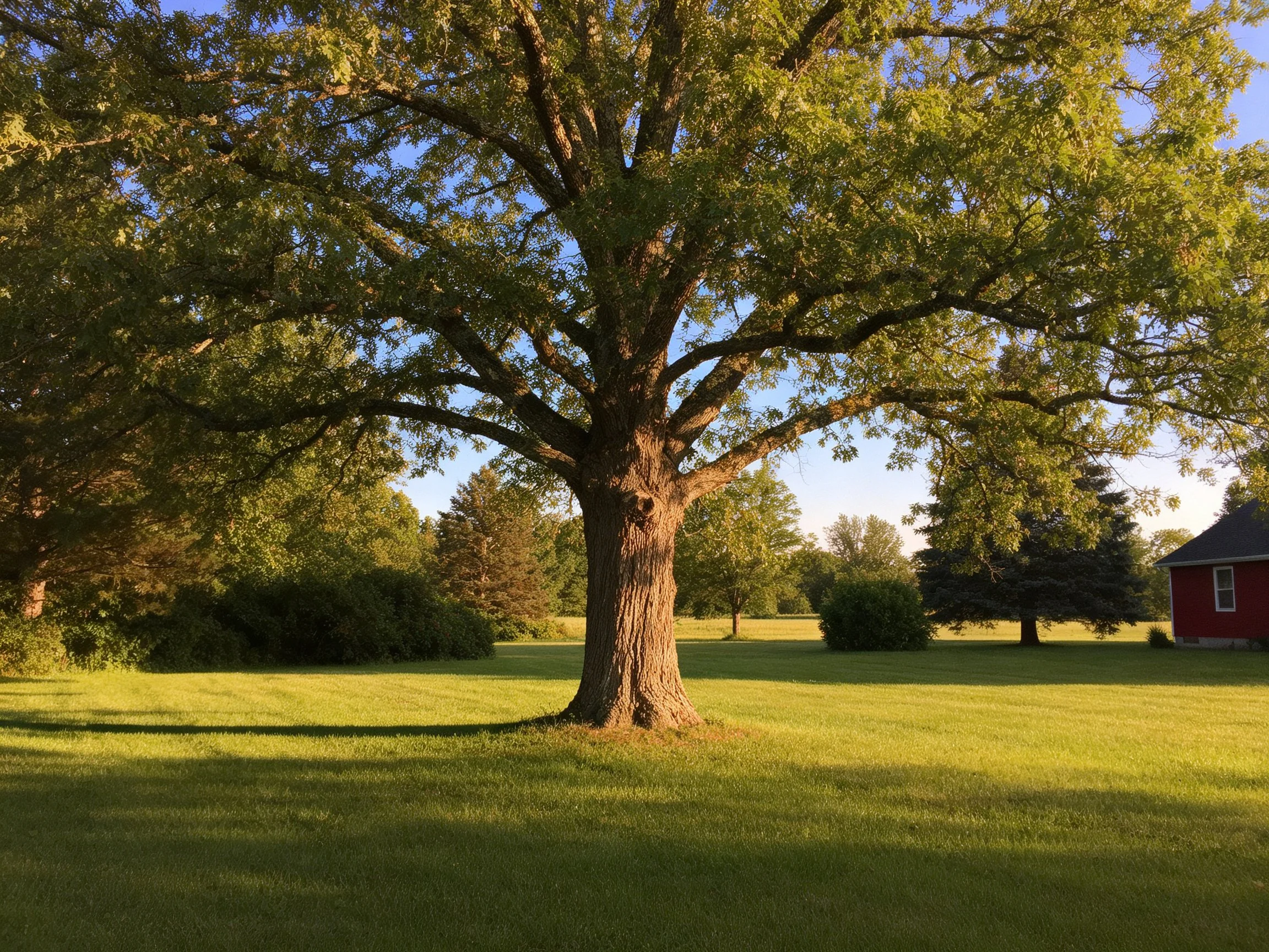 A large oak tree stands in a sunlit green field near a red building