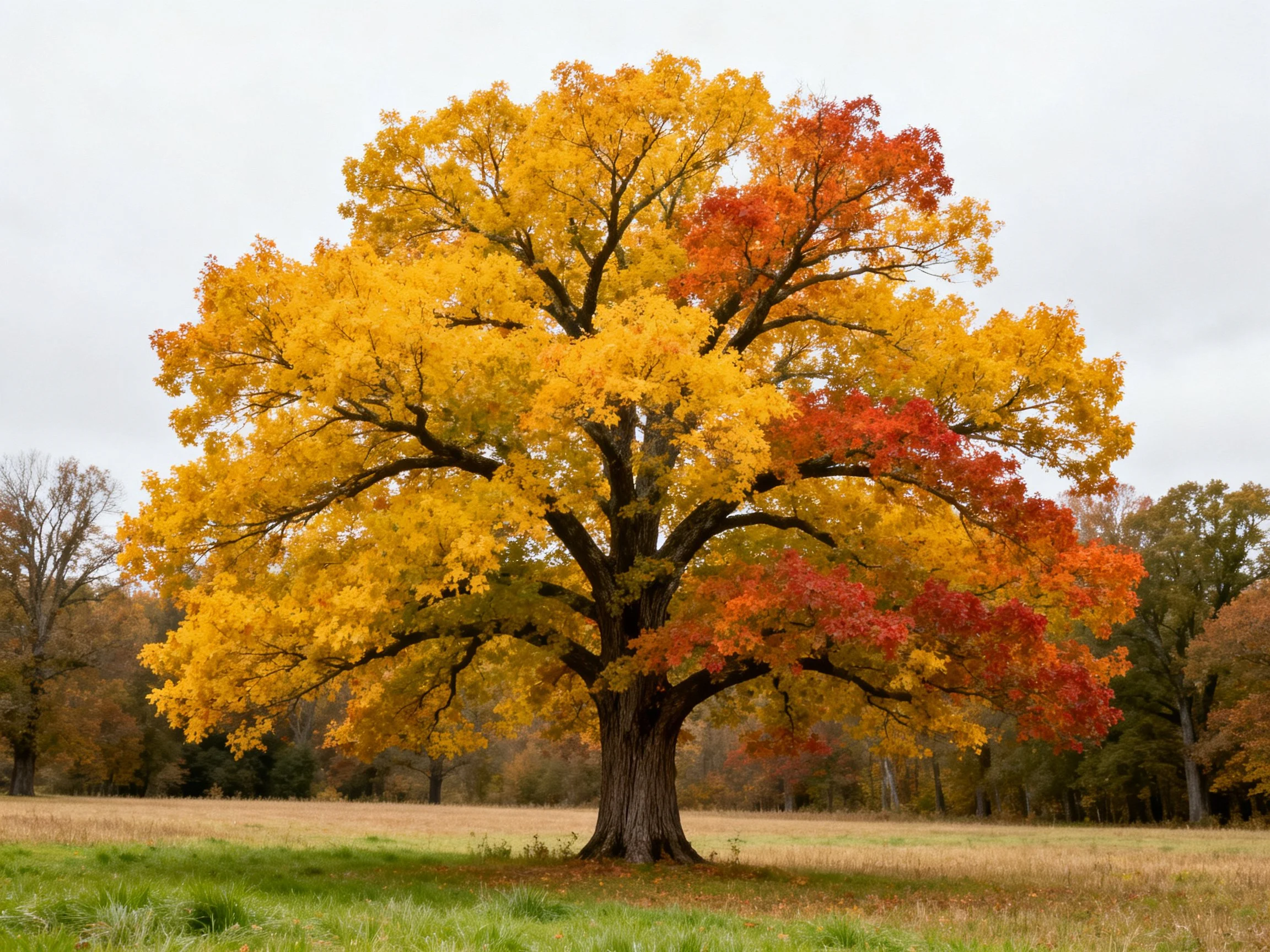 A large oak tree with golden and crimson foliage in an open field