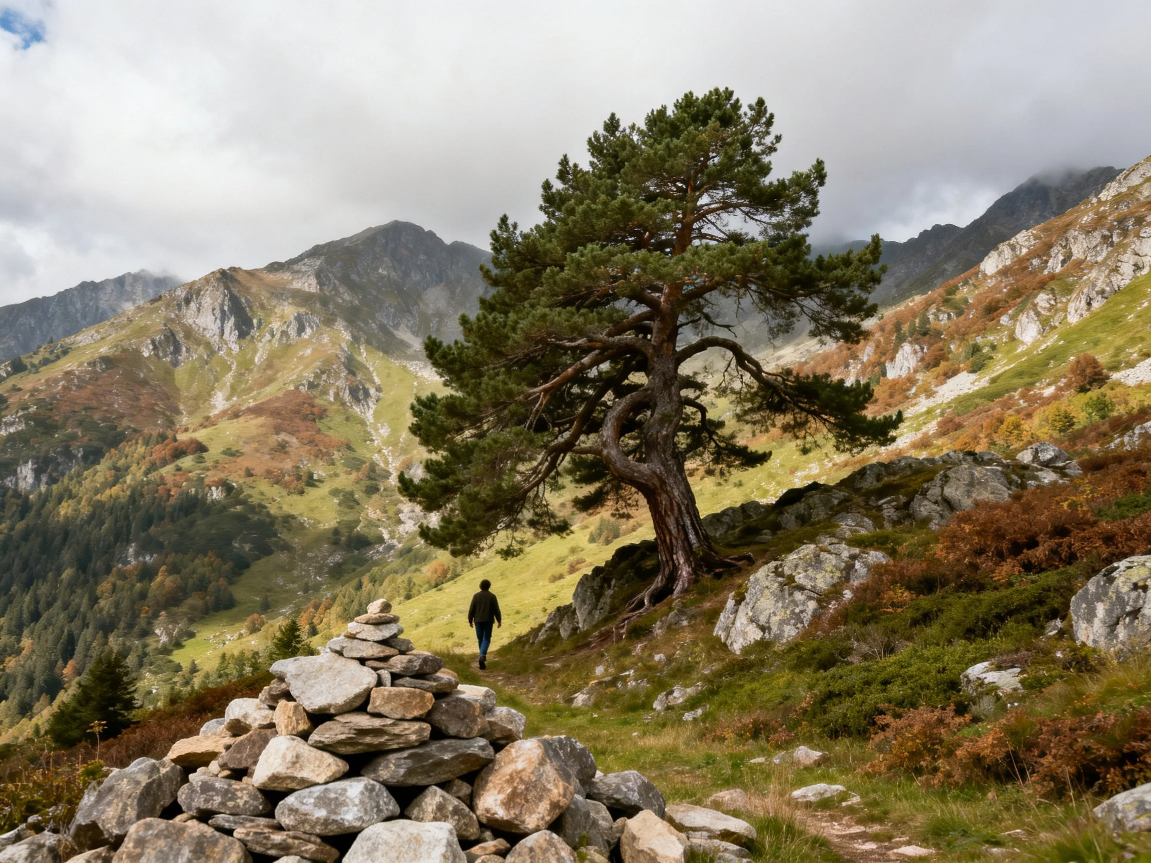 A large pine tree in a rocky mountainous landscape