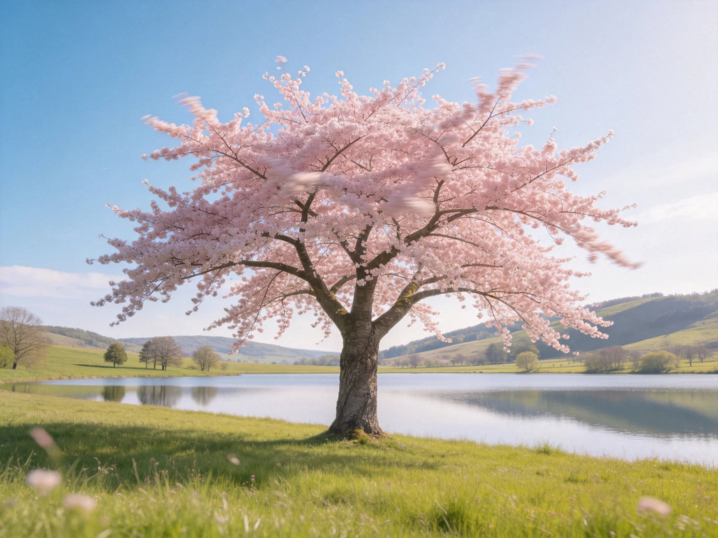 A large pink cherry blossom tree near a tranquil lake