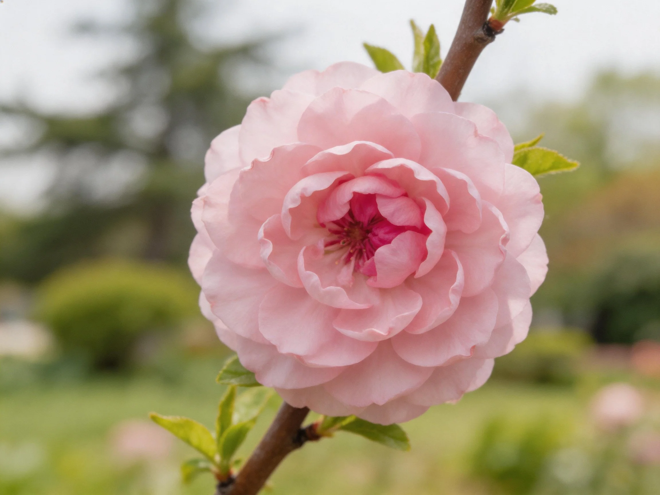 A large pink flower with layered petals on a branch