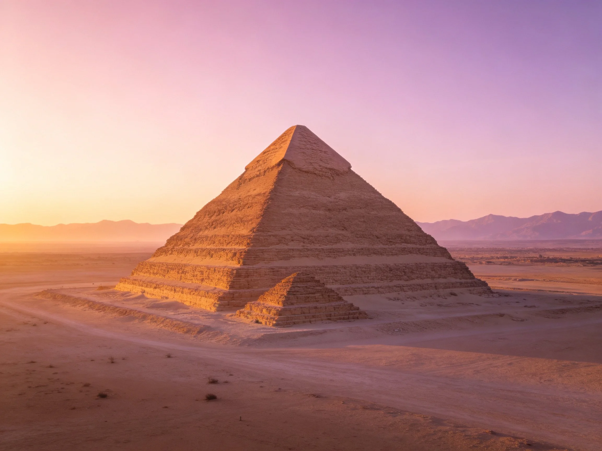 A large pyramid rises from sandy desert under pink-purple twilight sky