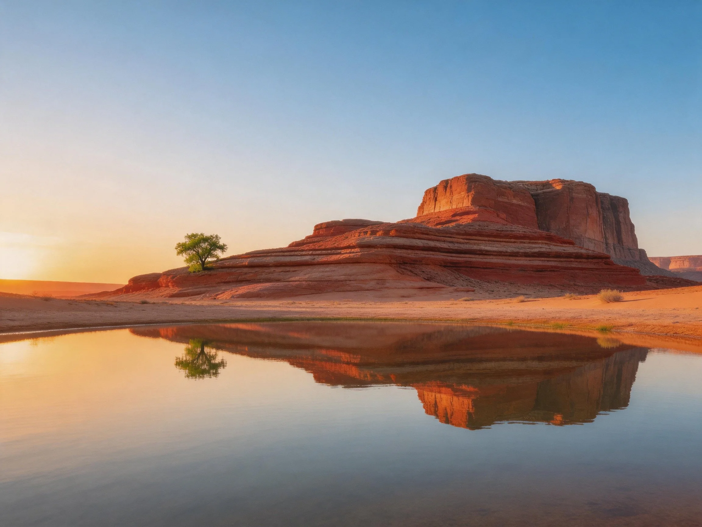 A large red rock formation reflected in calm water near a single tree