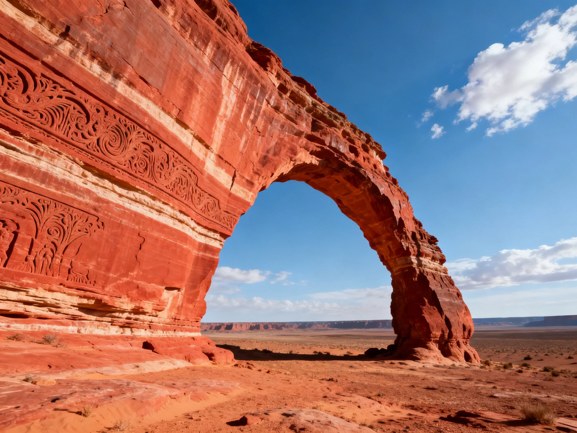 A large red sandstone arch with decorative carvings in a desert