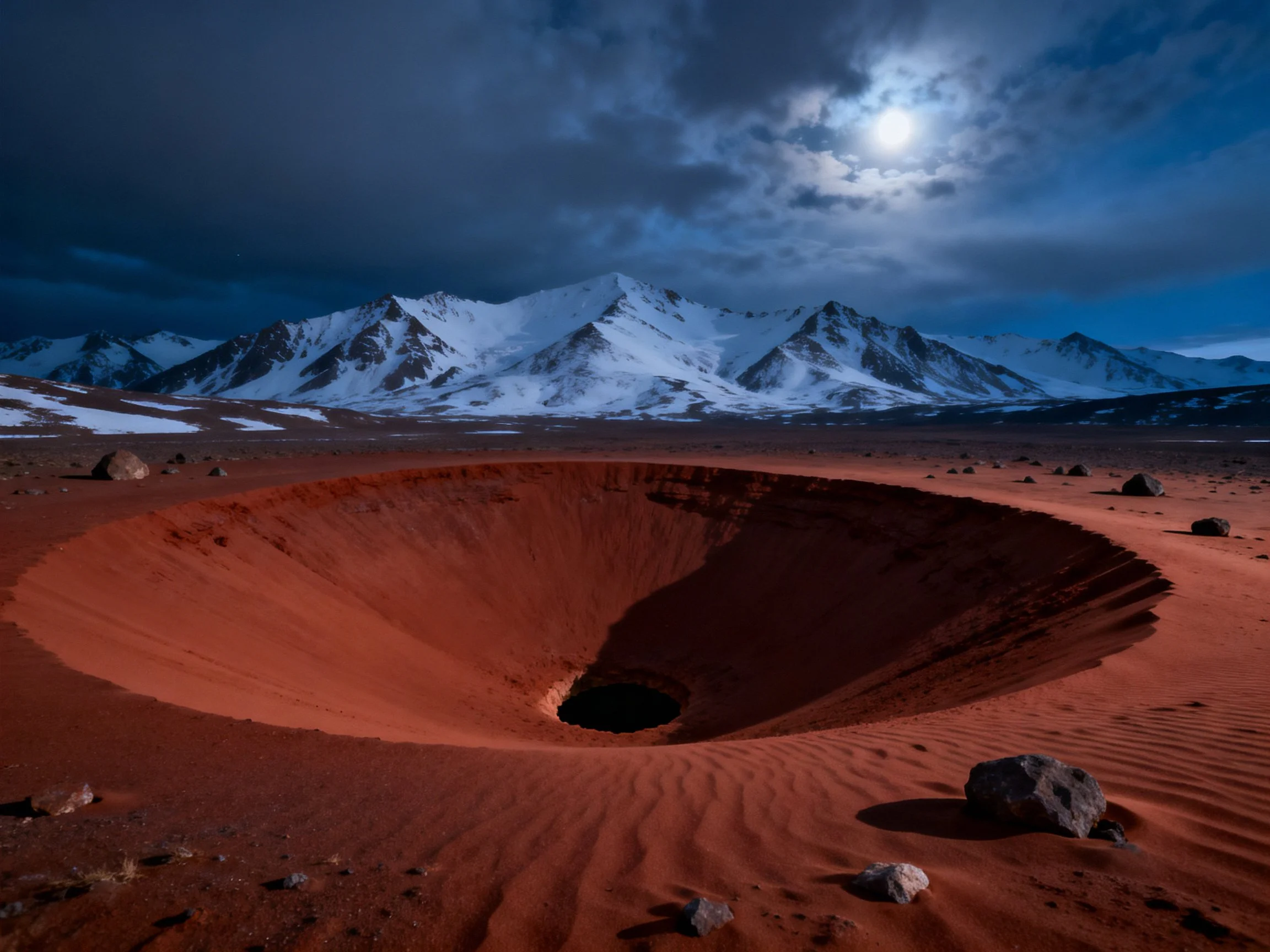 A large reddish crater near snow-capped mountains under a moonlit sky