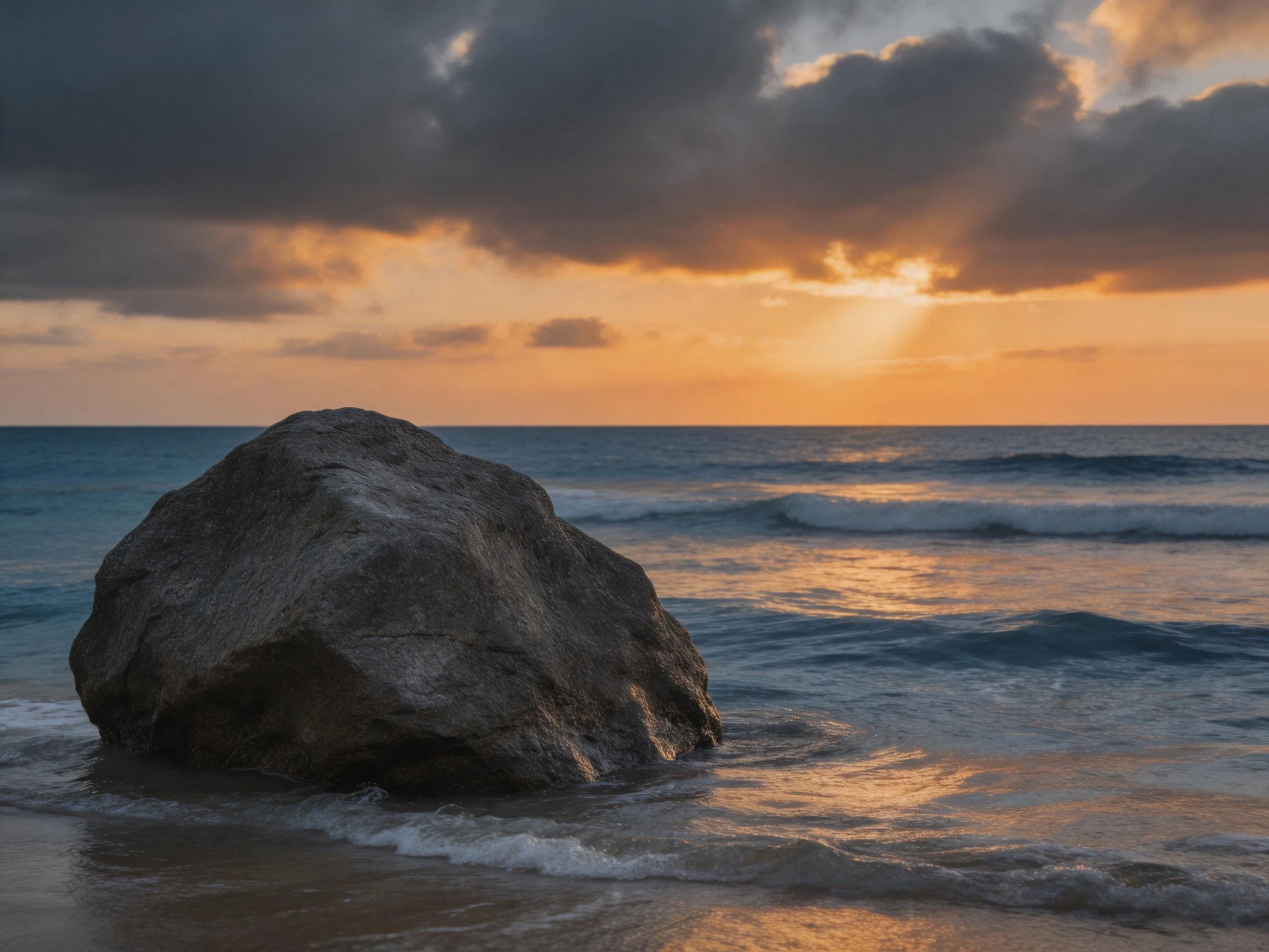 A large rock partially submerged in ocean waves at sunset