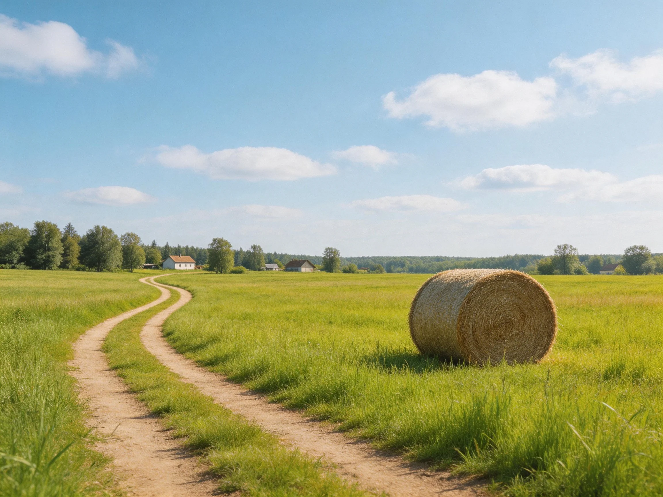 A large round hay bale beside winding dirt paths in a lush green field