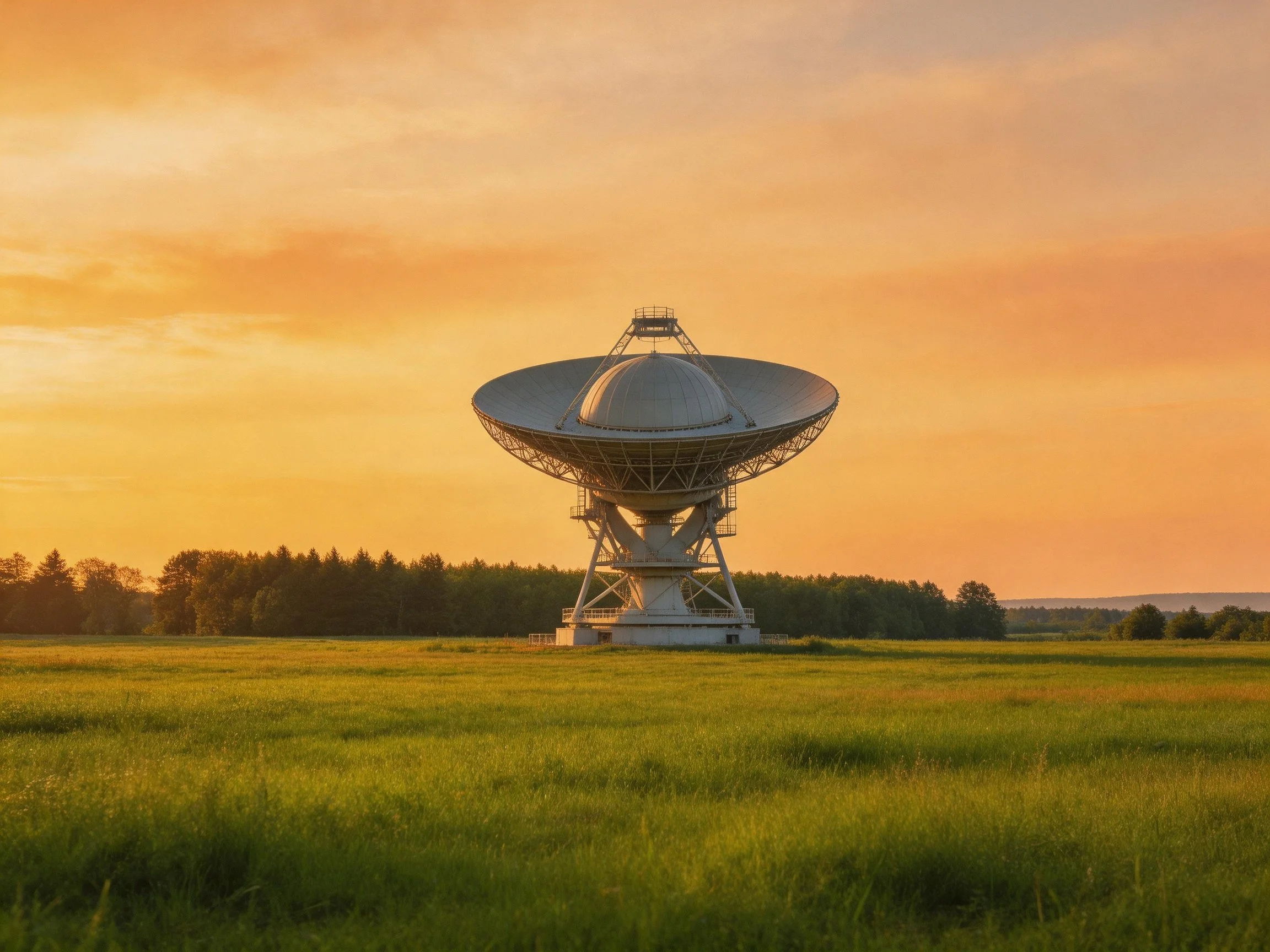 A large satellite dish in a green field under an orange sunset sky