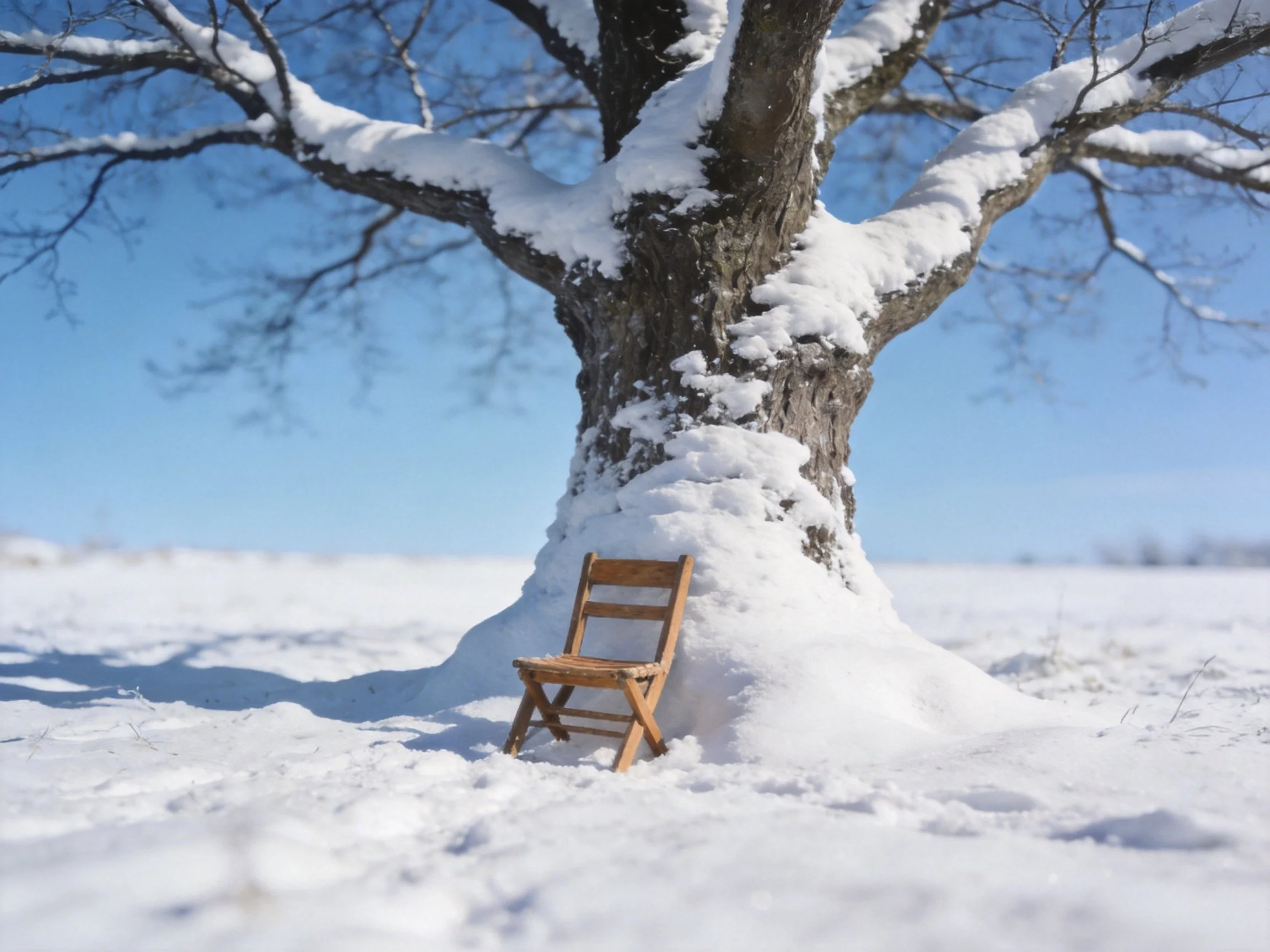 A large snow-covered tree with a small wooden chair nearby