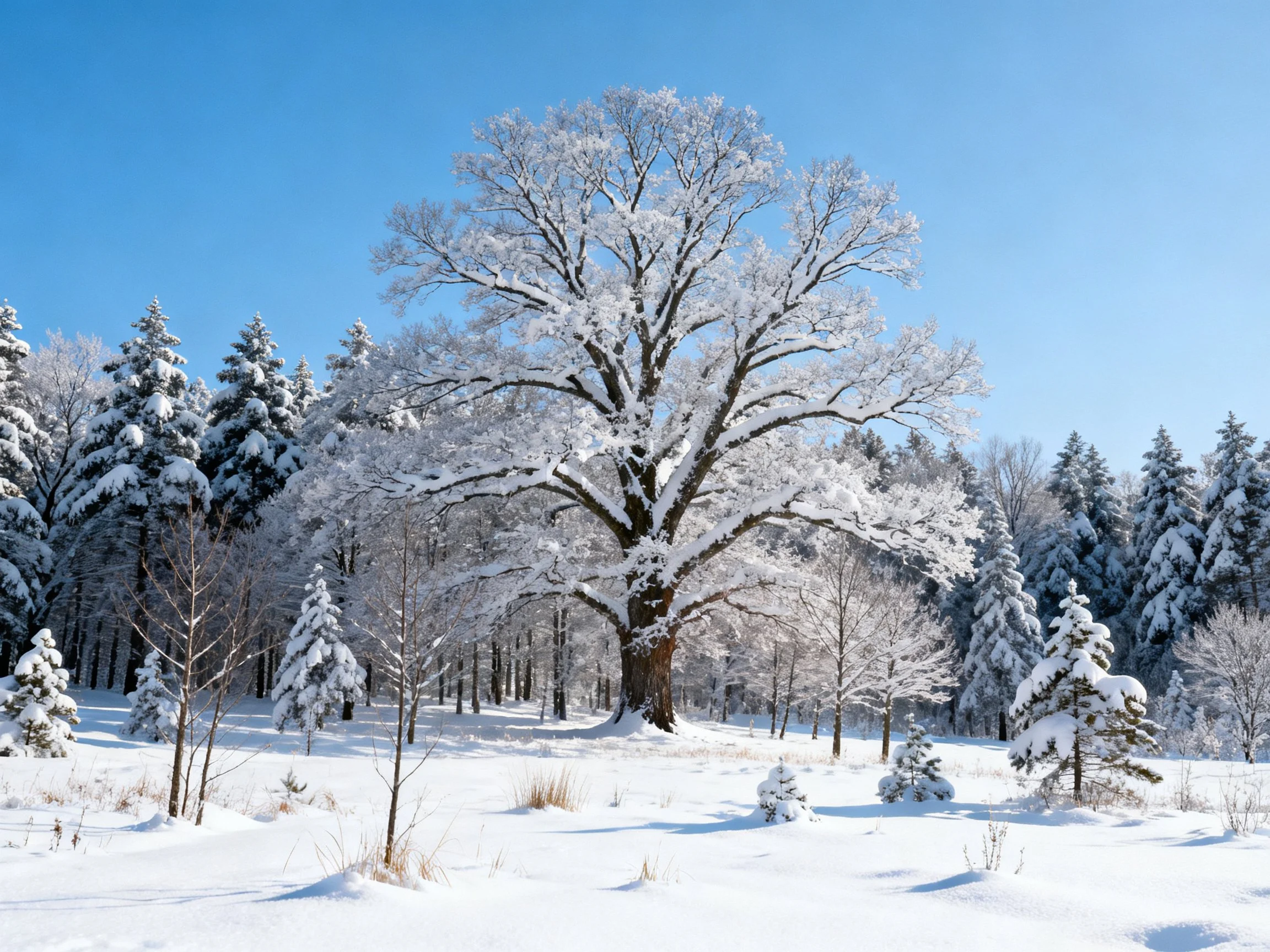A large snow-laden oak dominates snowy forest landscape