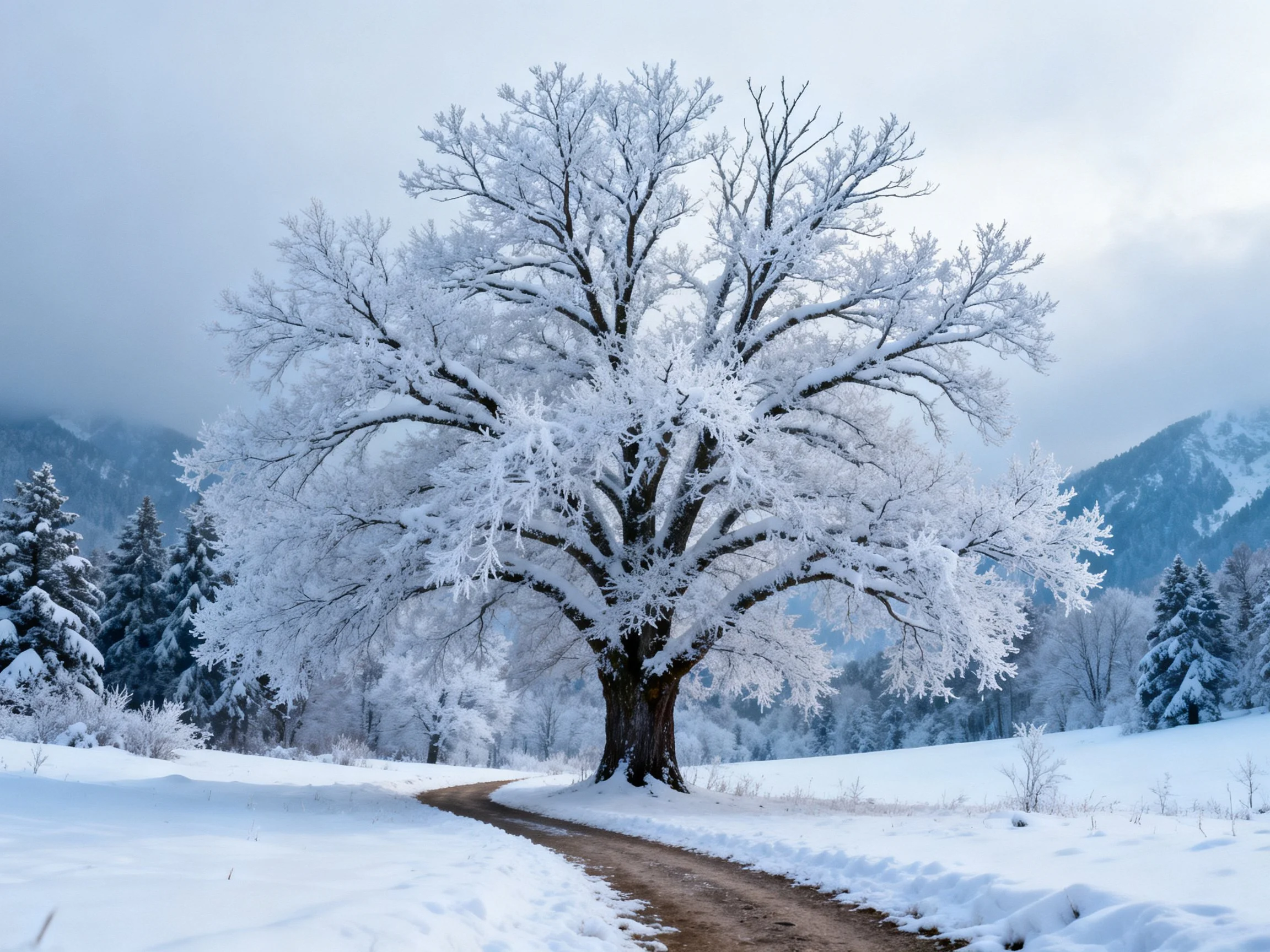 A large snow-laden tree in a mountainous winter landscape