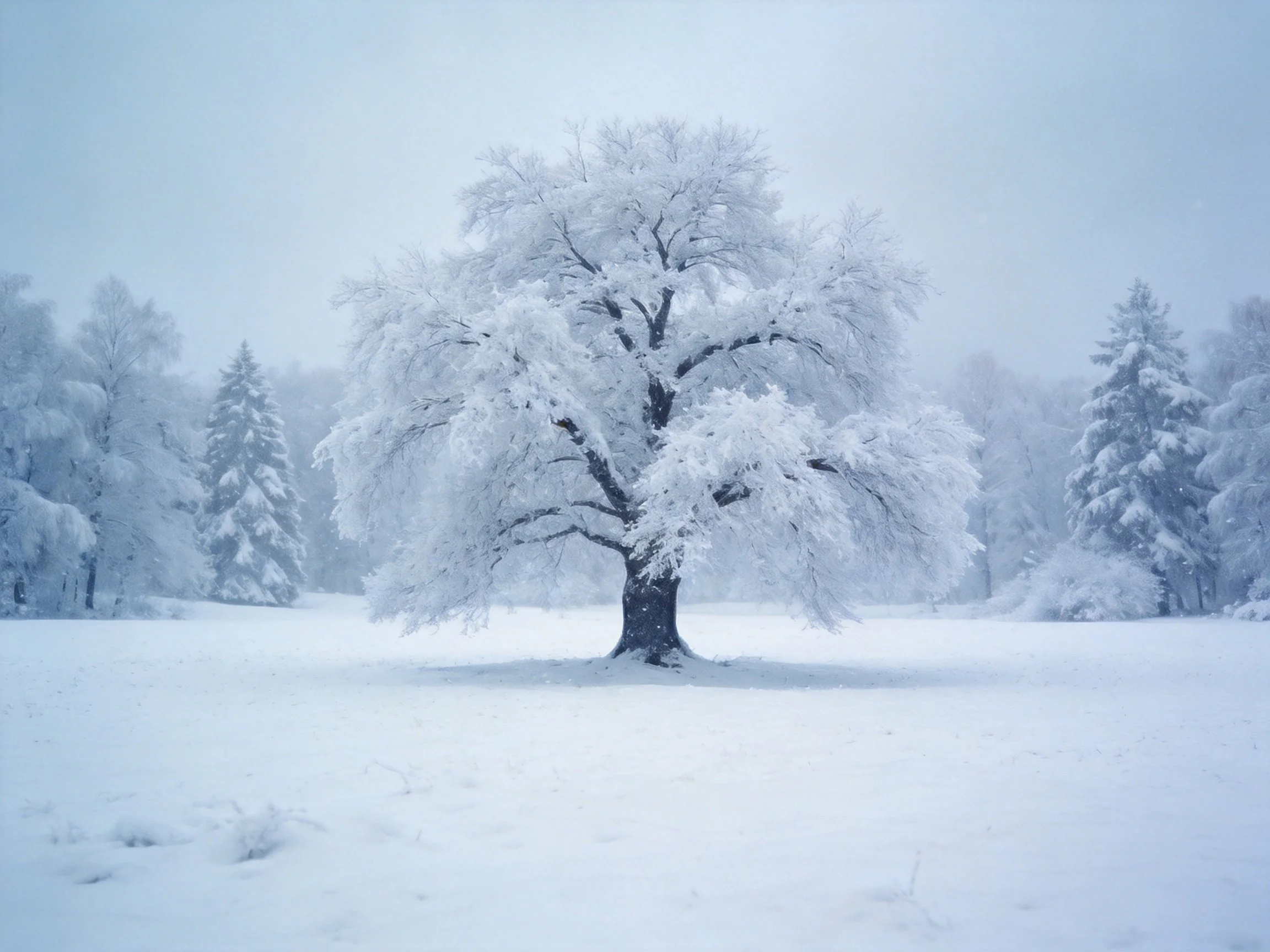 A large snow-laden tree stands alone in a vast snowy field