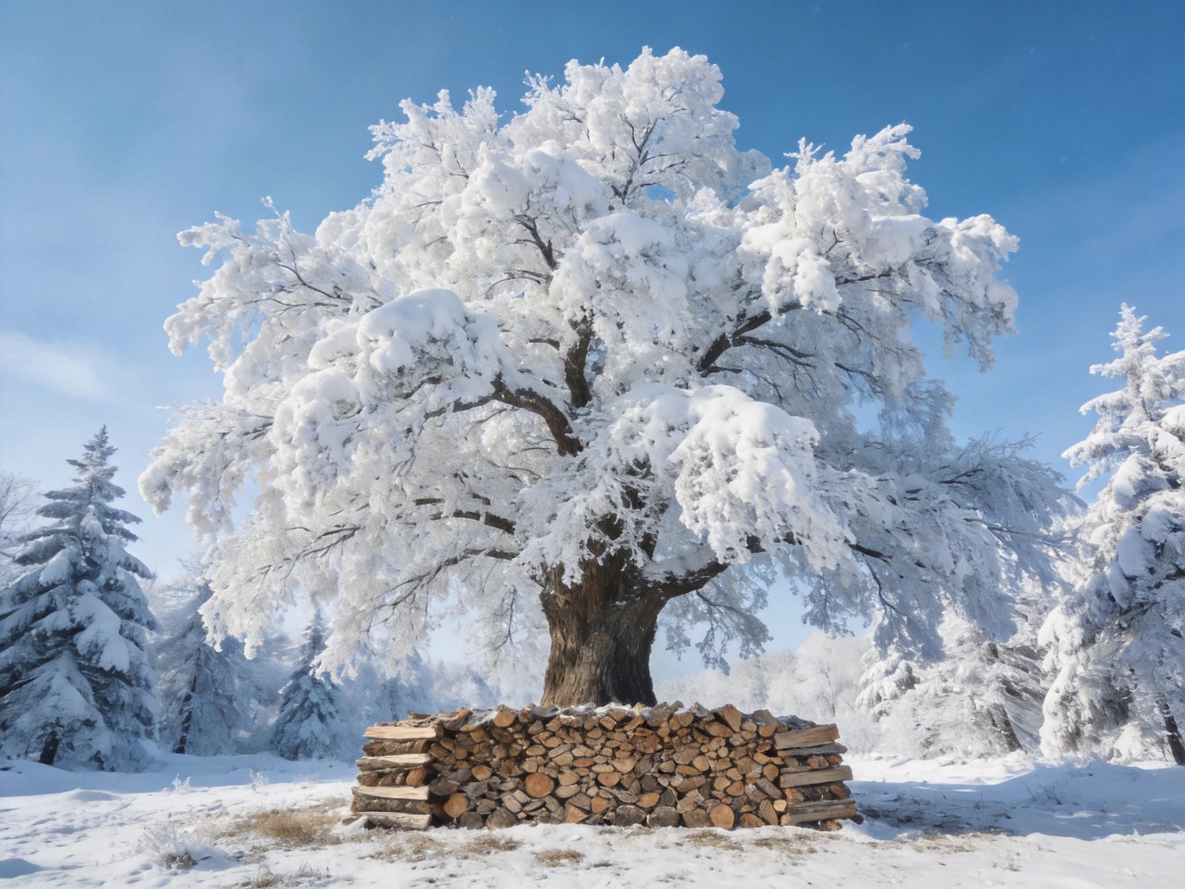 A large snow-laden tree with stacked firewood in a wintry landscape