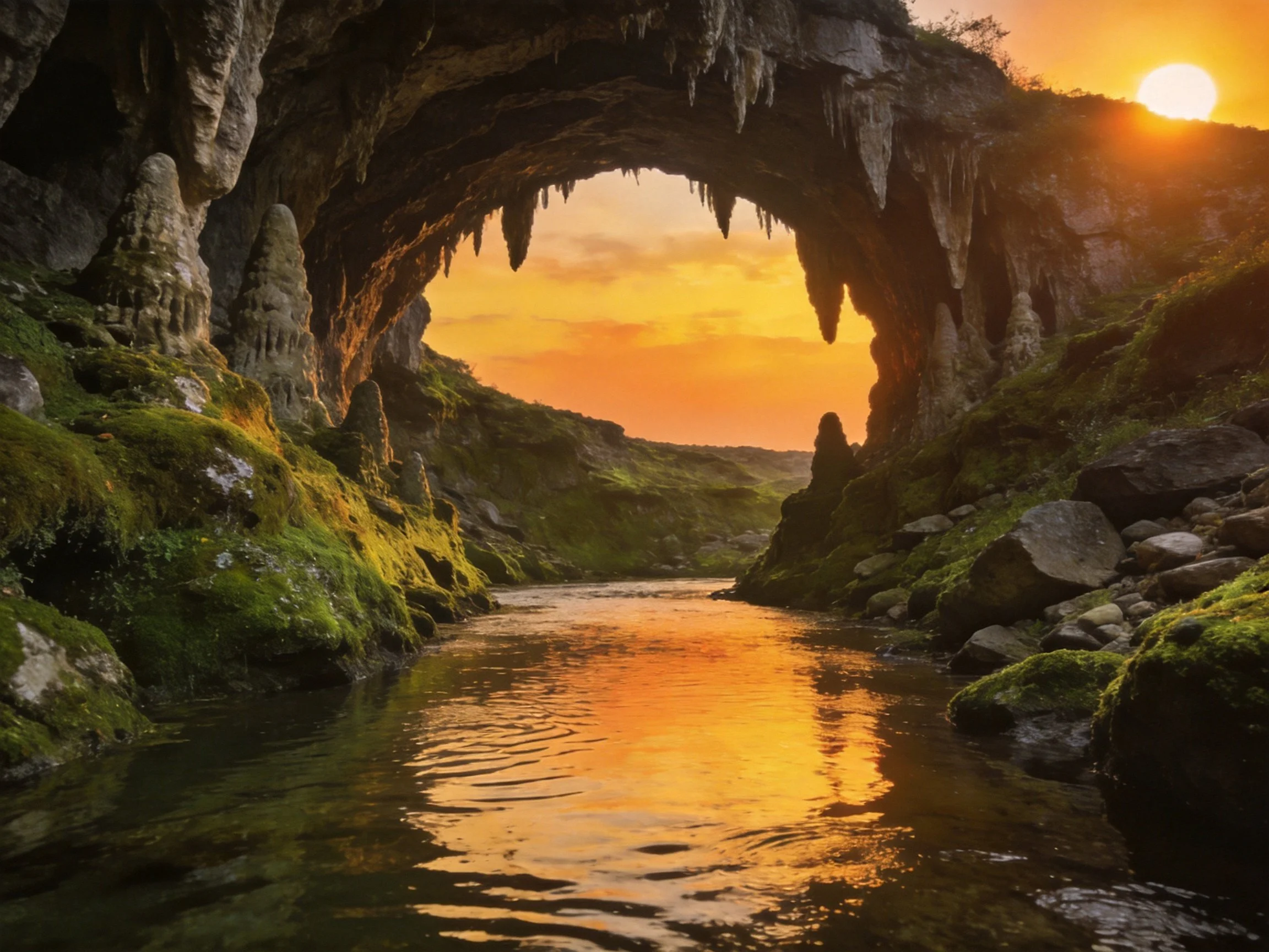 A large stone cave arch spans a mossy river under vibrant sunset