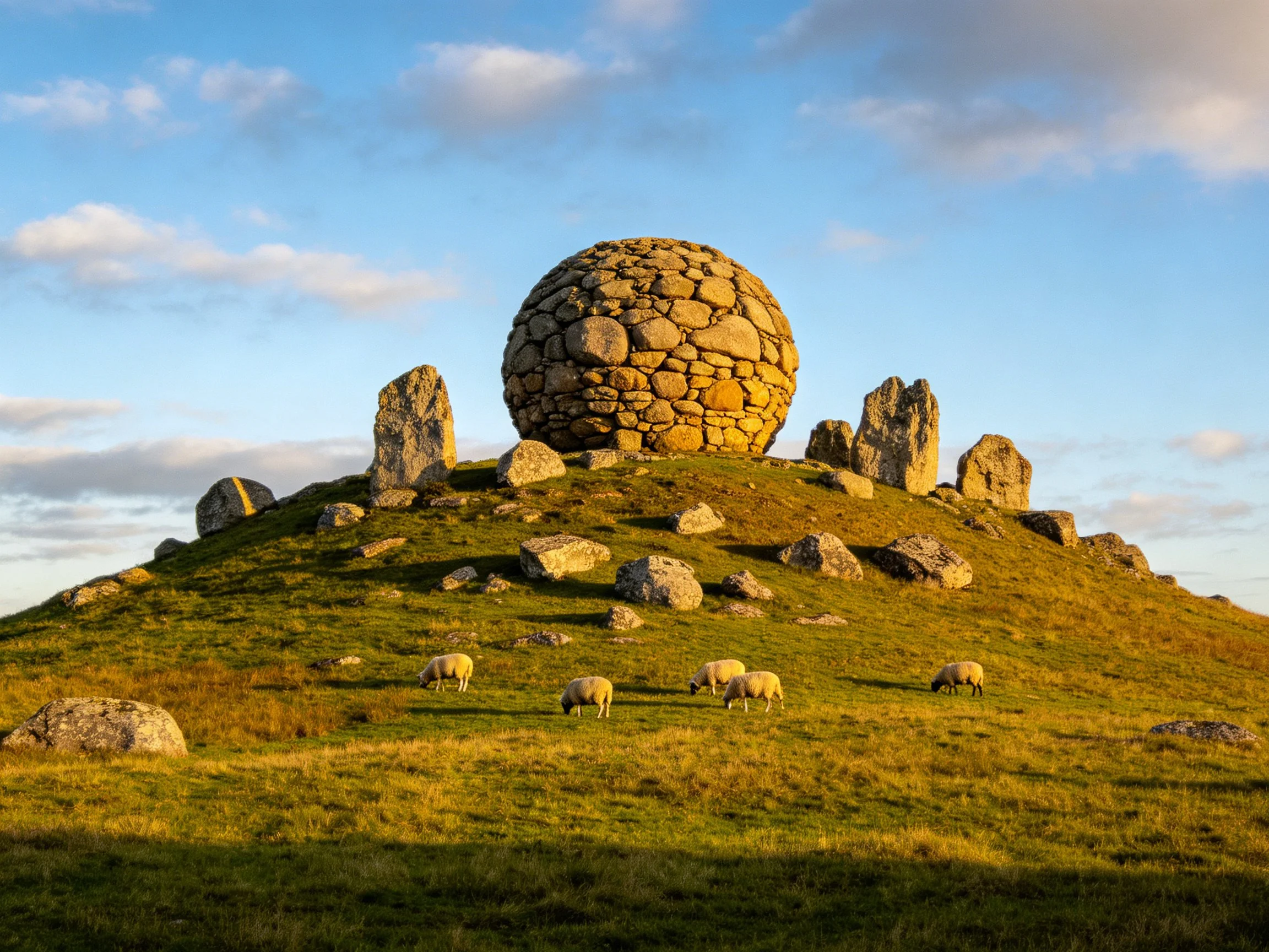 A large stone sphere atop a grassy hill with grazing sheep