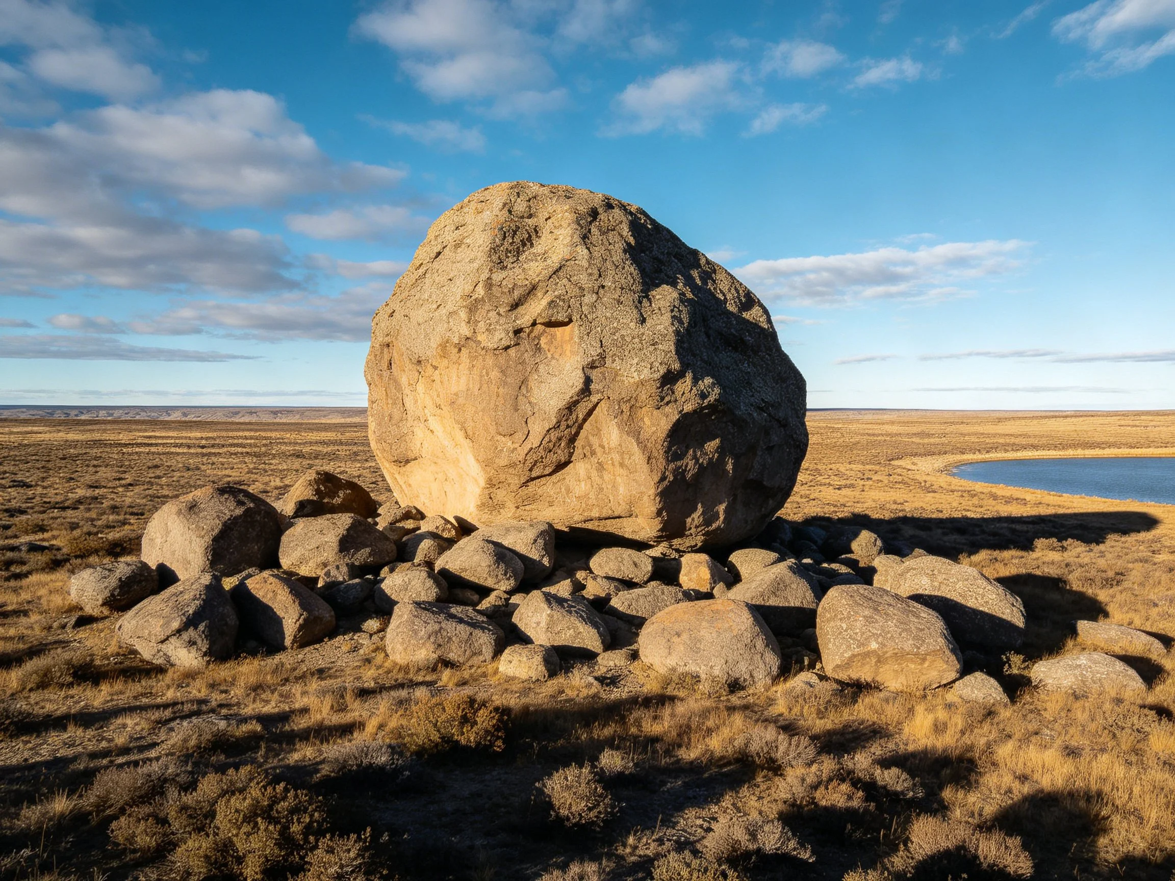 A large tan boulder surrounded by smaller rocks in an open dry landscape
