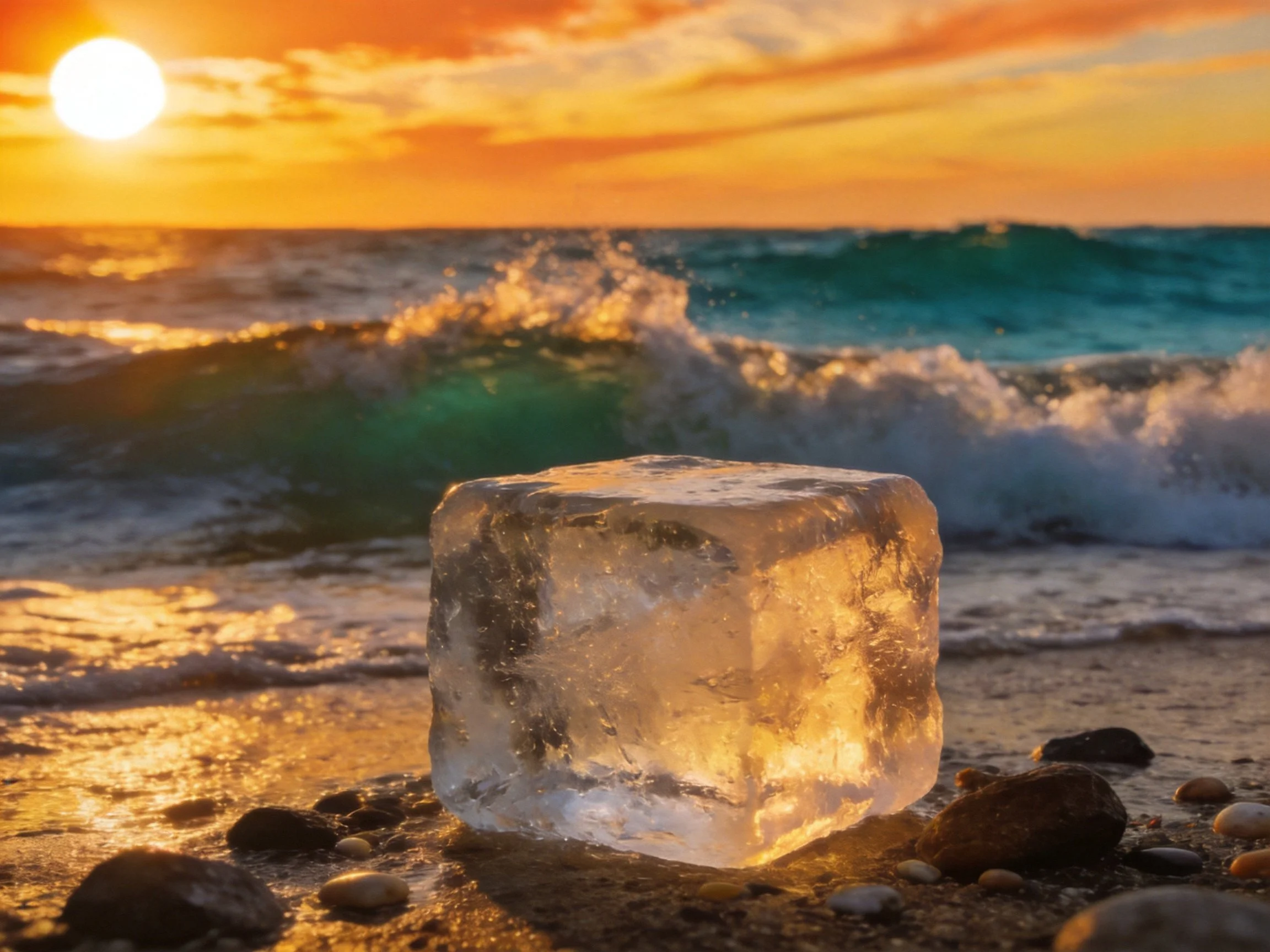 A large translucent ice cube on a sandy beach with turquoise waves and golden sunset