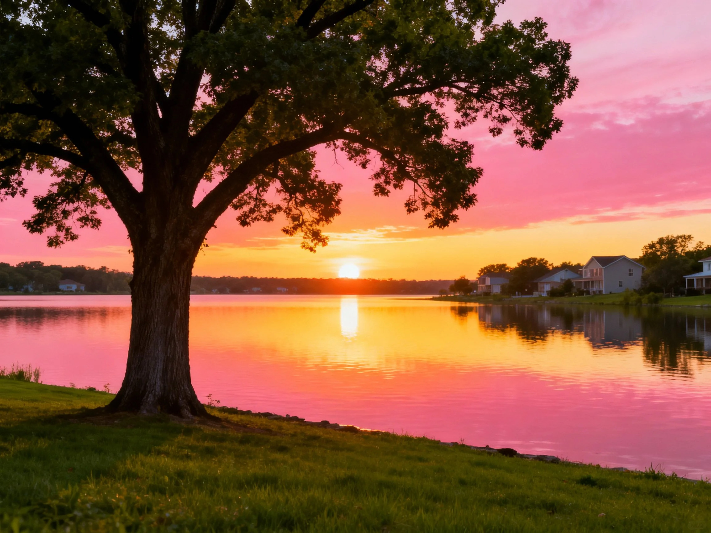 A large tree by a calm lake at vibrant sunset