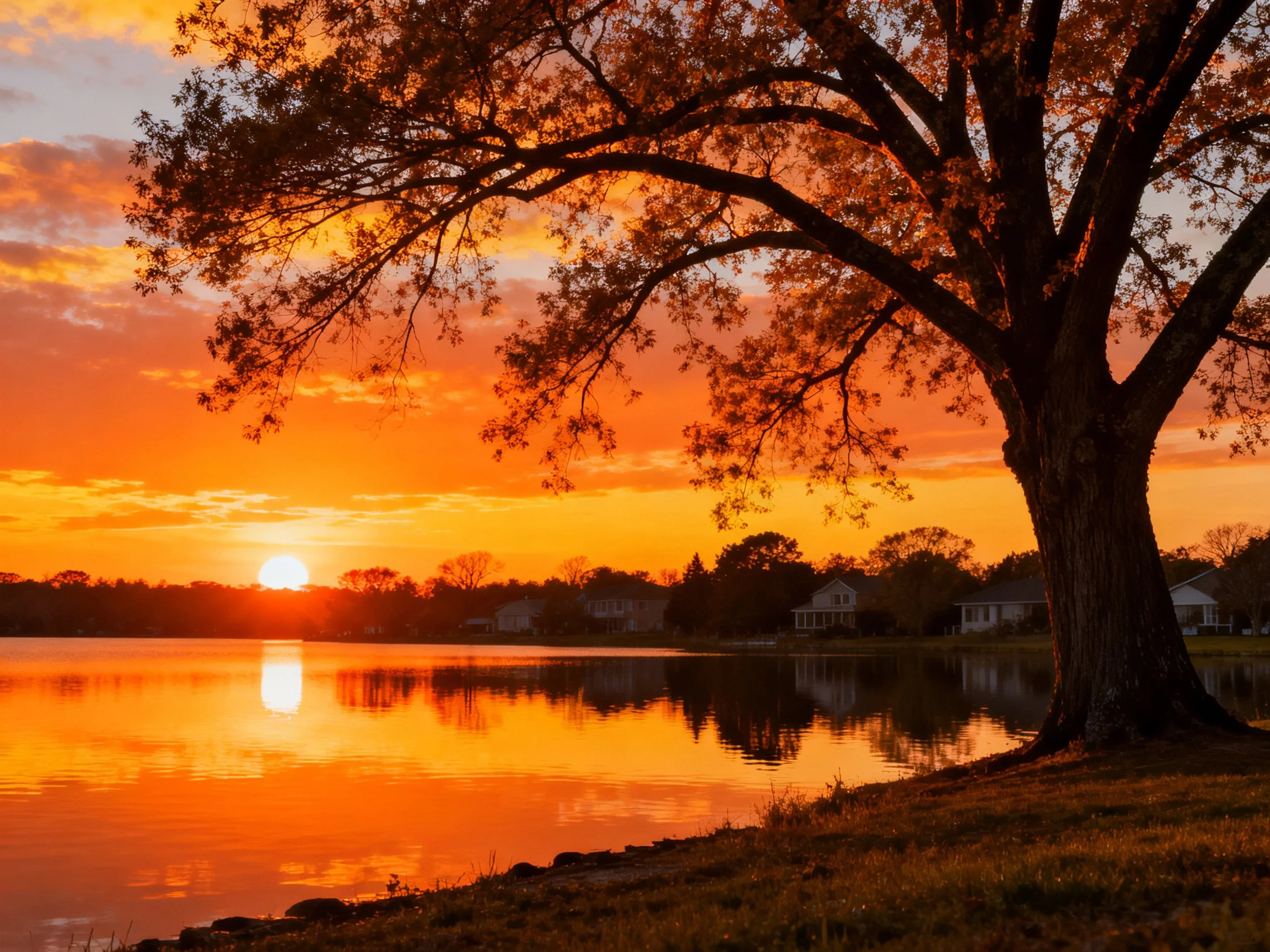 A large tree by a calm lake during vibrant orange sunset