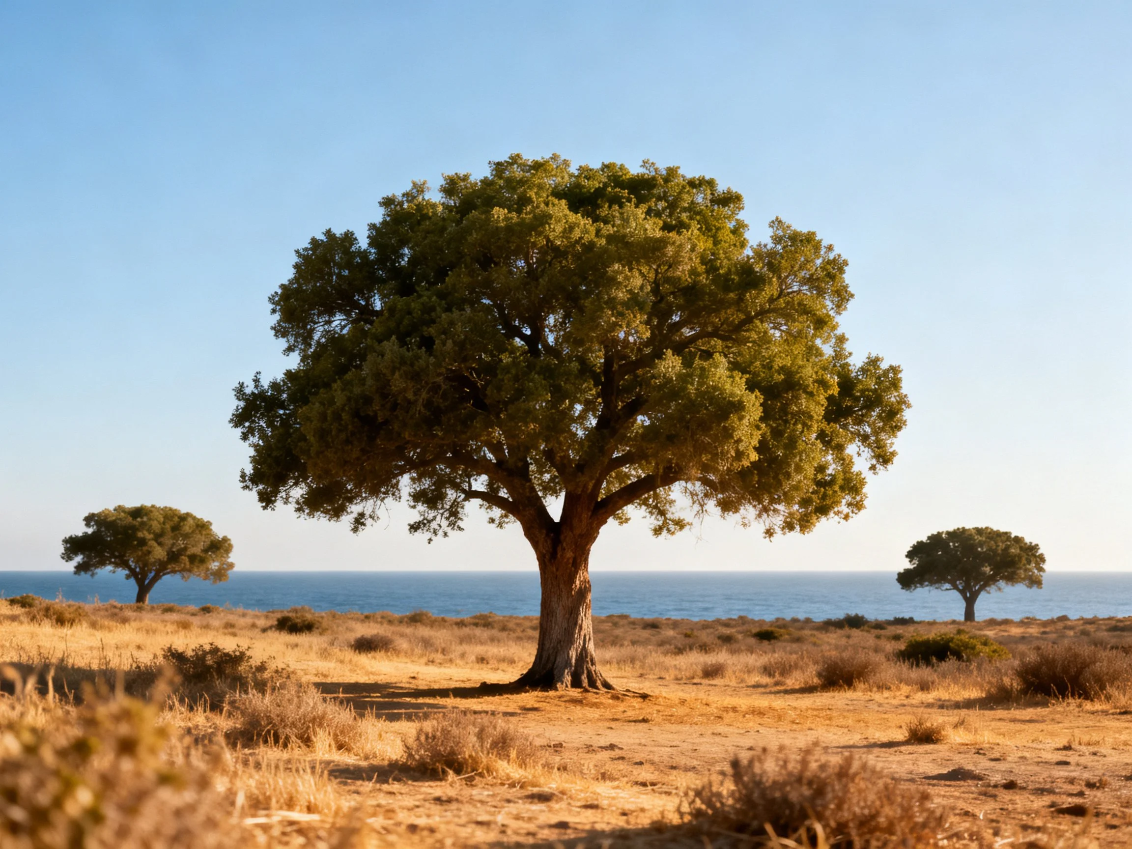 A large tree centered among smaller trees near a calm blue sea