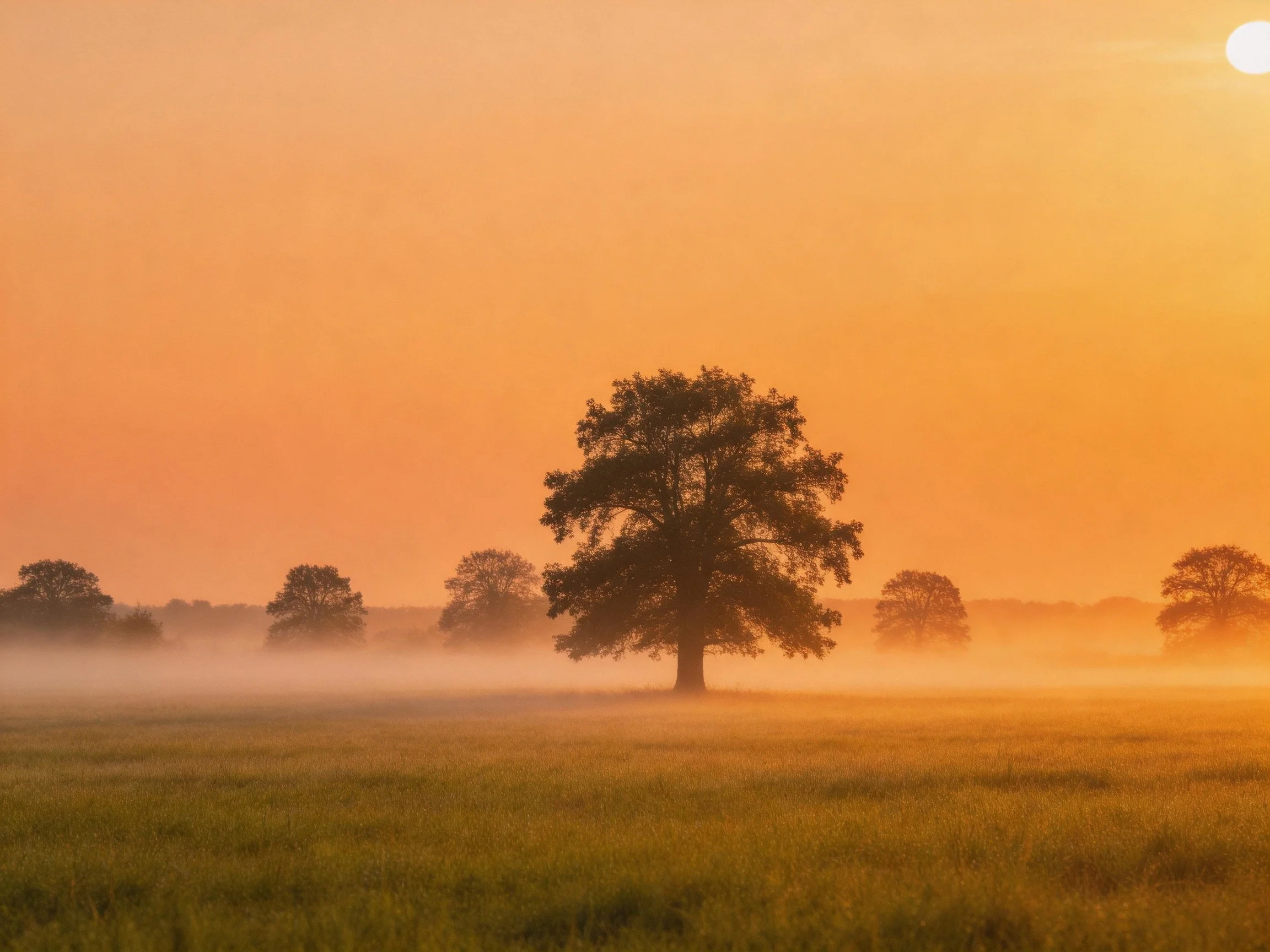 A large tree centered in a misty field under an orange dawn sky