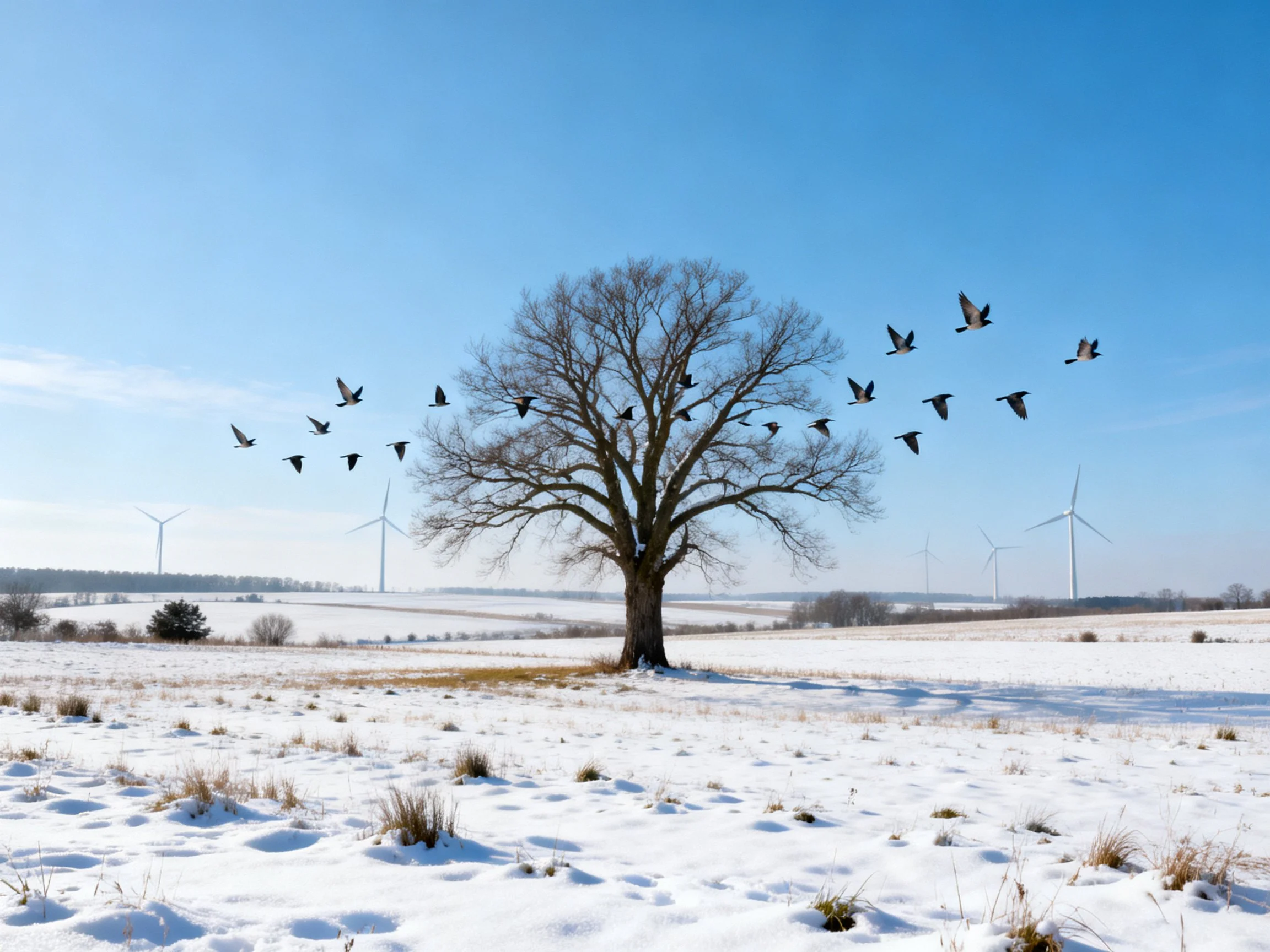 A large tree in a snowy field with birds and wind turbines
