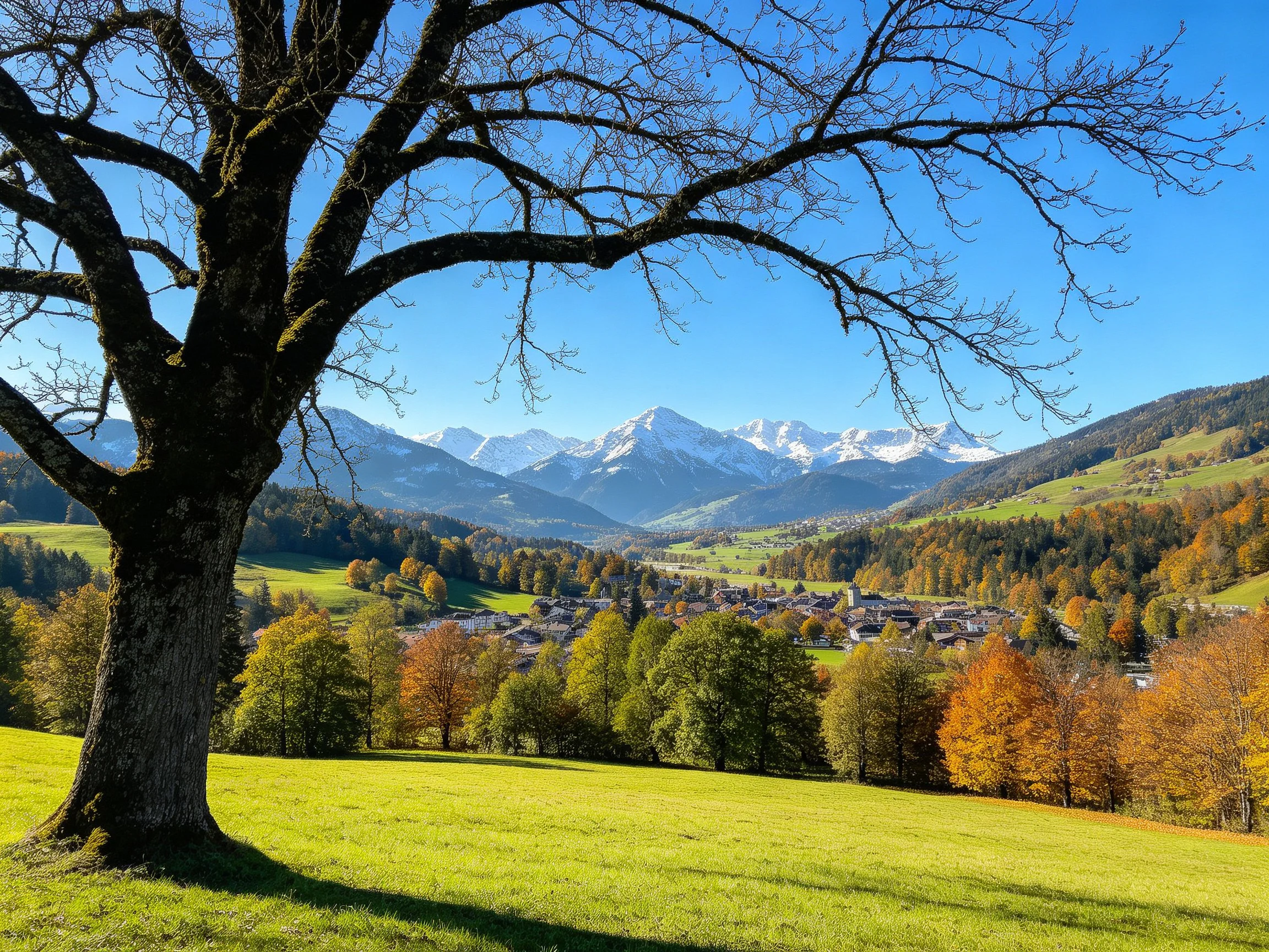 A large tree overlooks a valley with autumn-colored trees and distant snowy mountains.