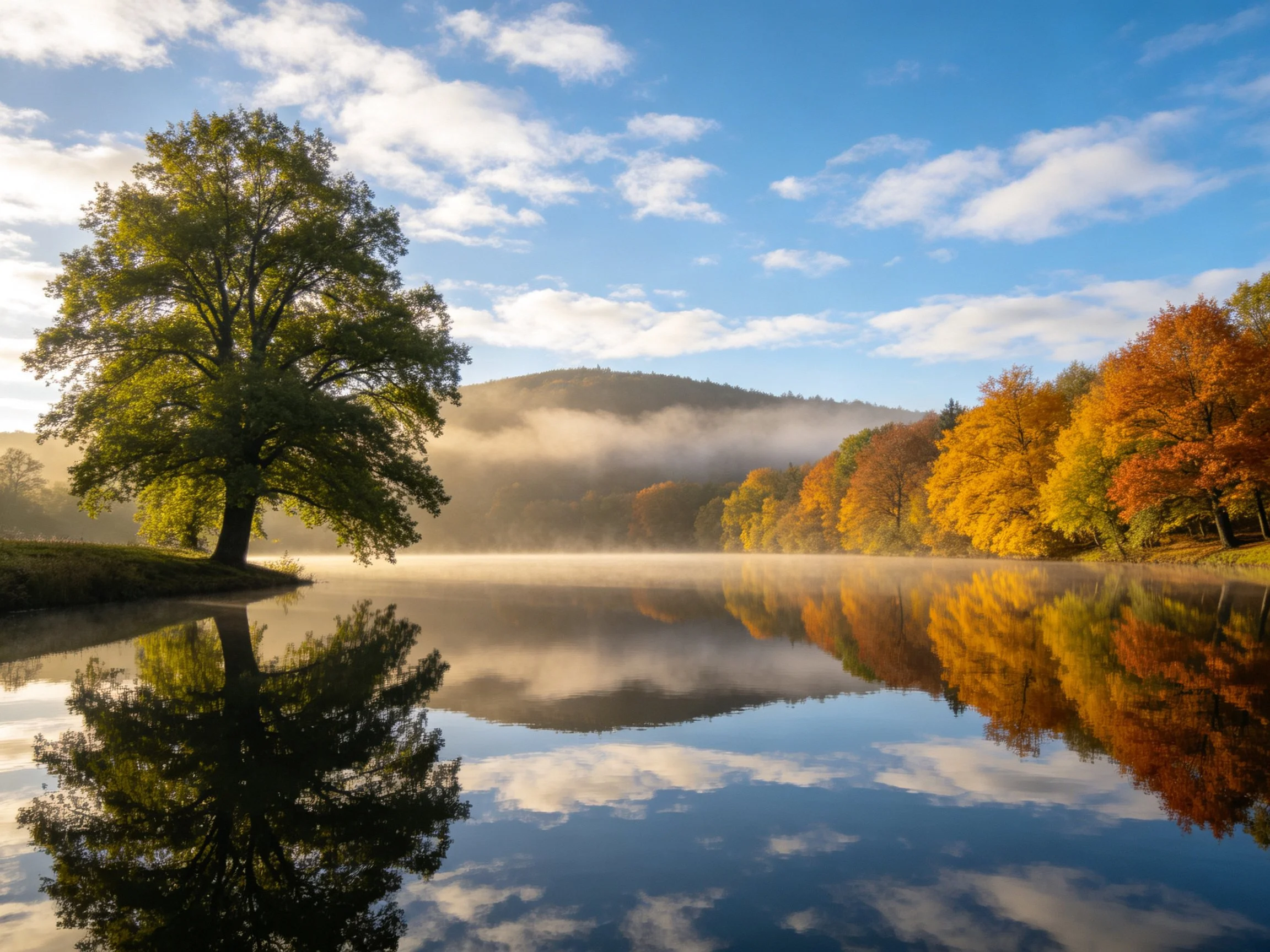 A large tree reflects in calm autumn lake waters