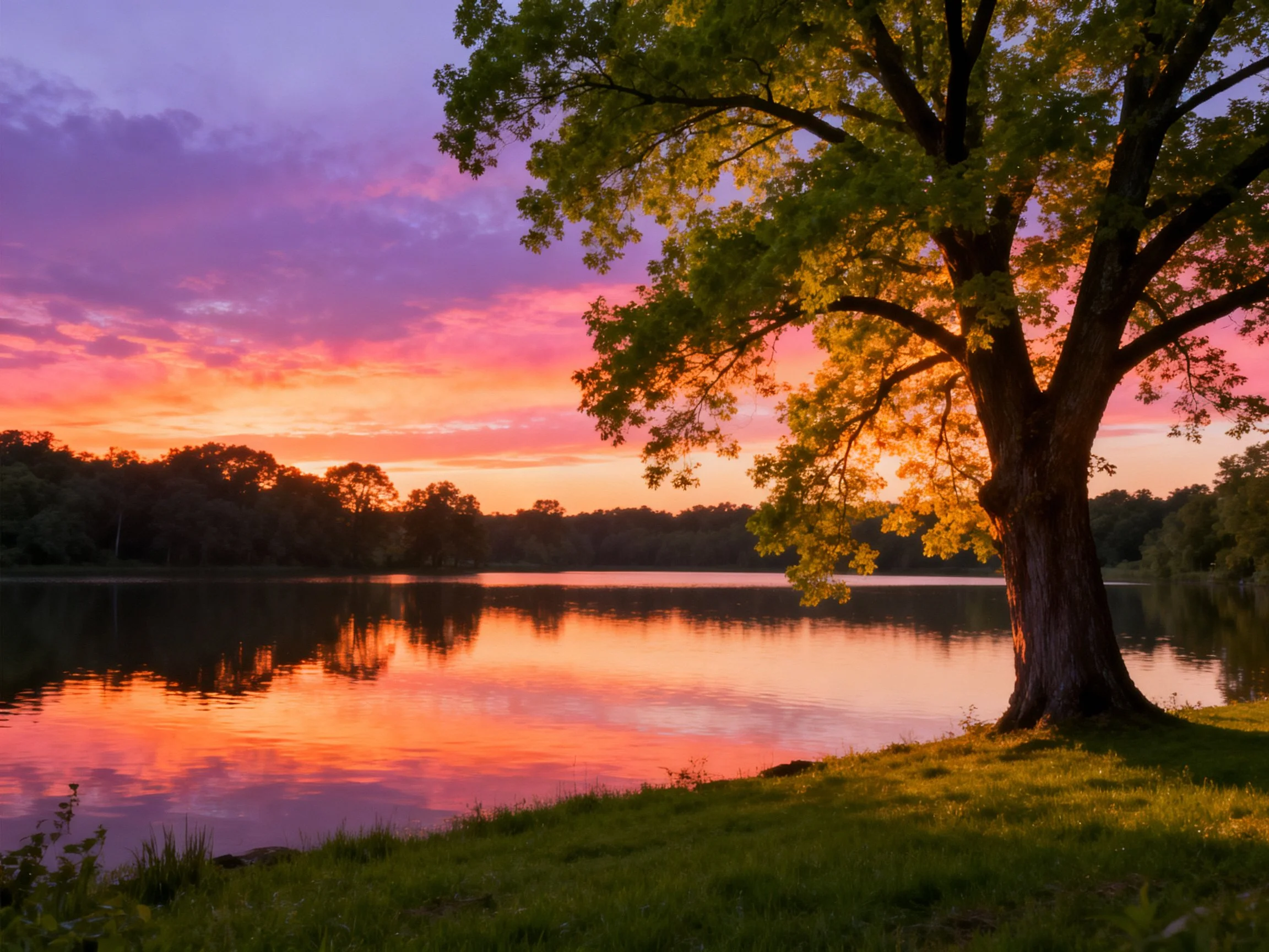A large tree stands by a calm lake under vibrant sunset skies