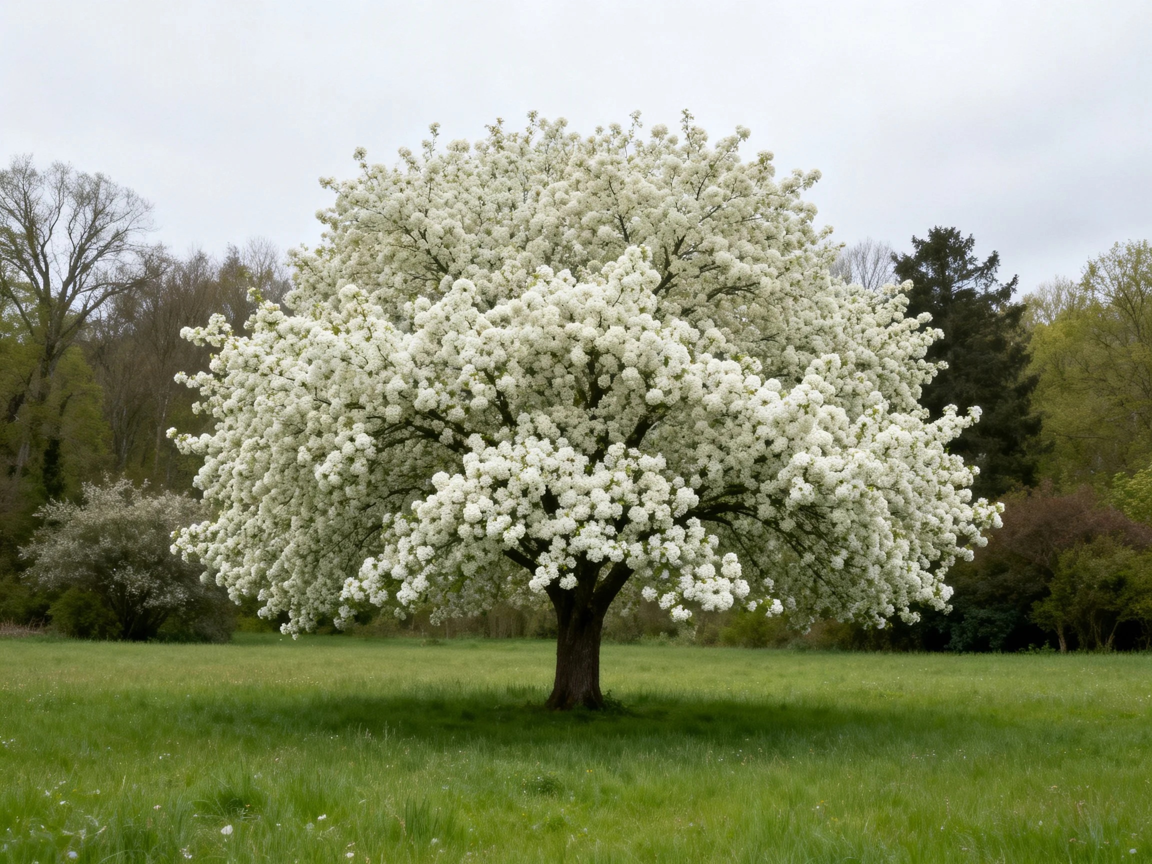 A large tree with abundant white blossoms in a green meadow