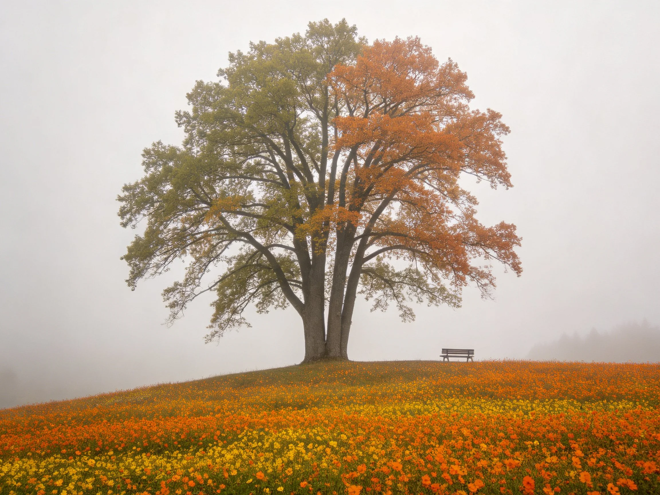 A large tree with autumn-colored foliage beside a vibrant flower-filled hillside