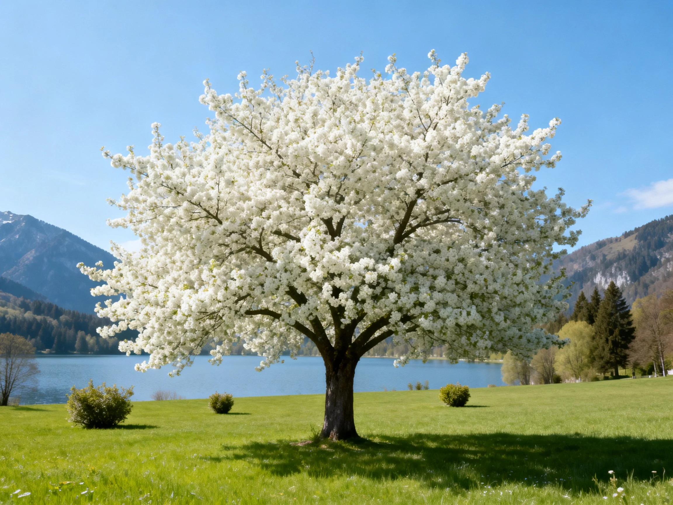 A large tree with dense white blossoms near a calm lake and mountains