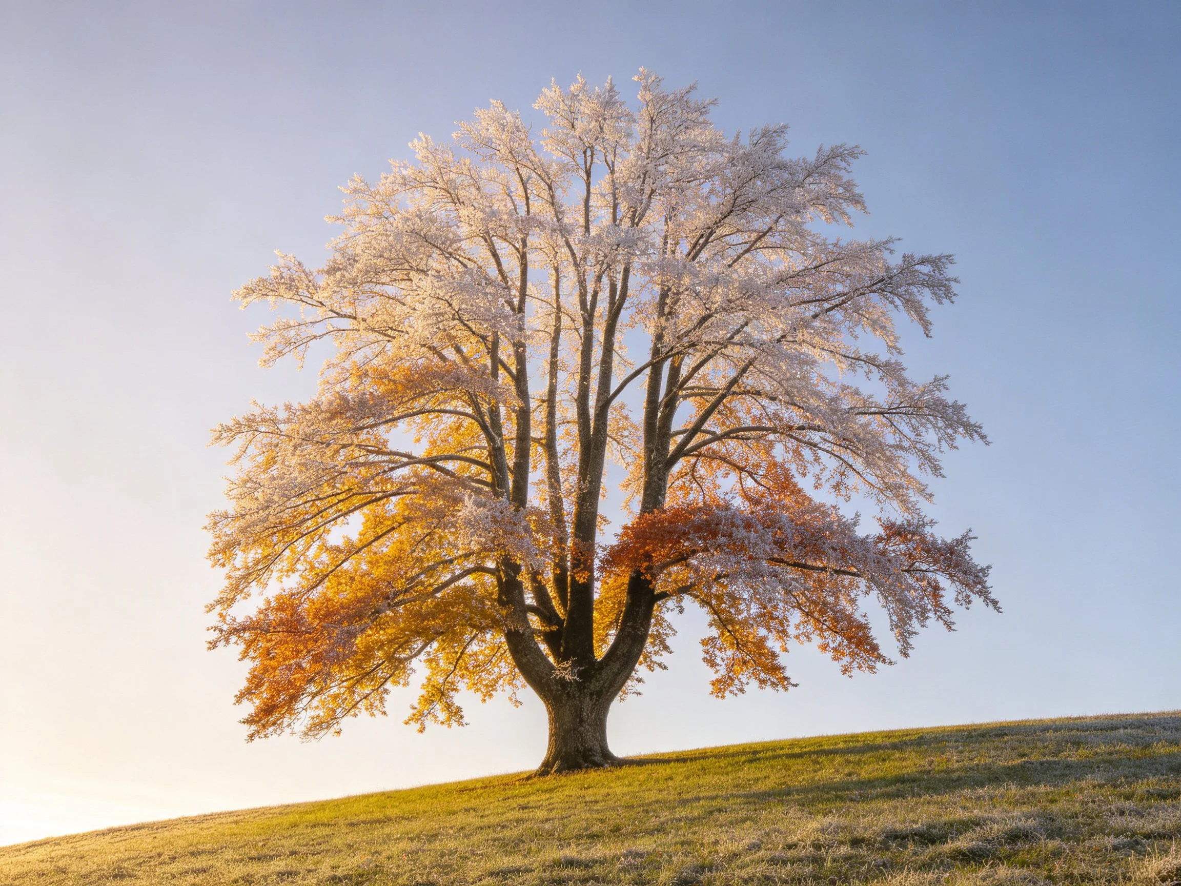 A large tree with multicolored autumnfoliage on a grassy hill under clear blue sky
