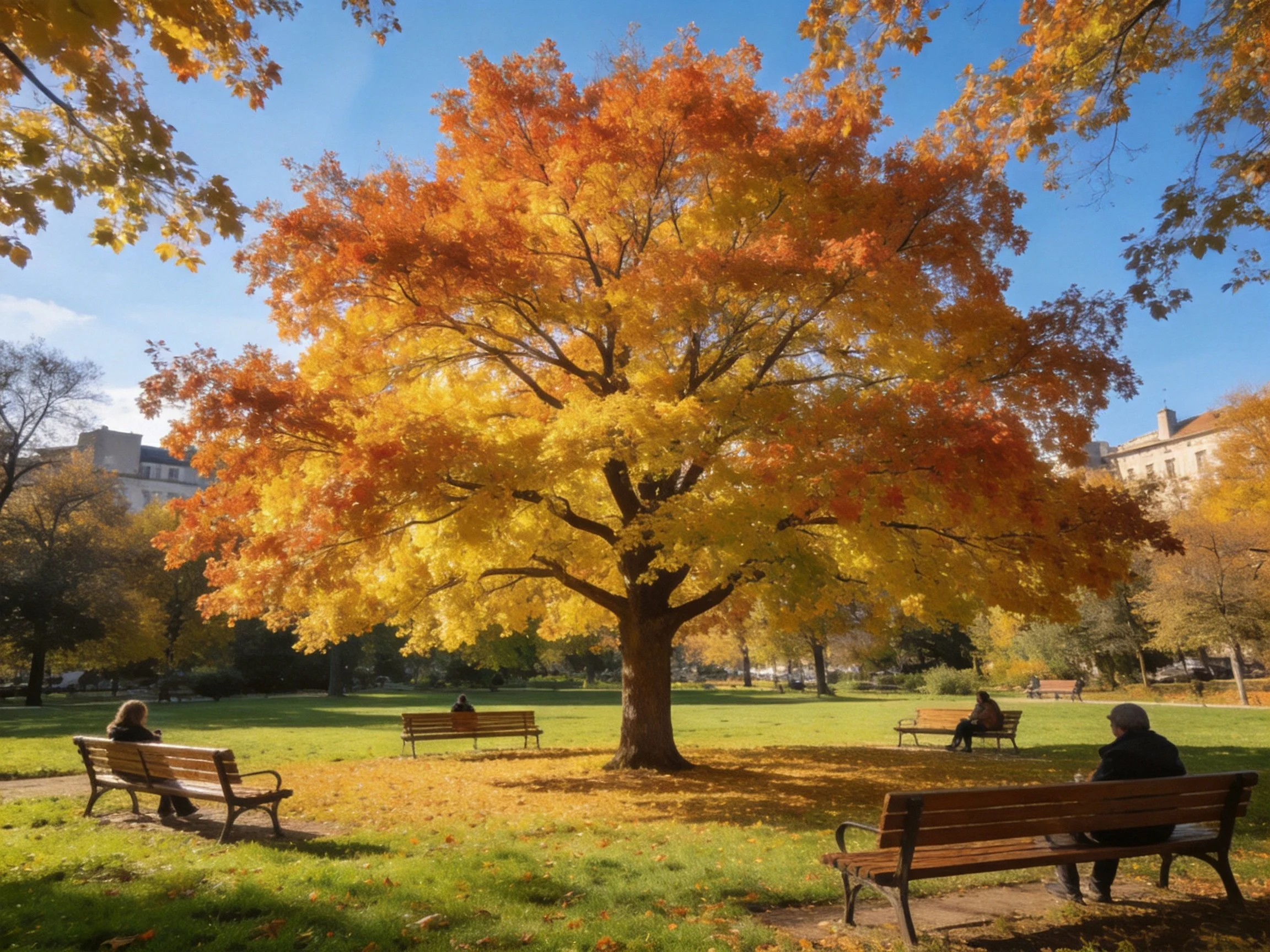 A large tree with vibrant autumn foliage in a sunny park