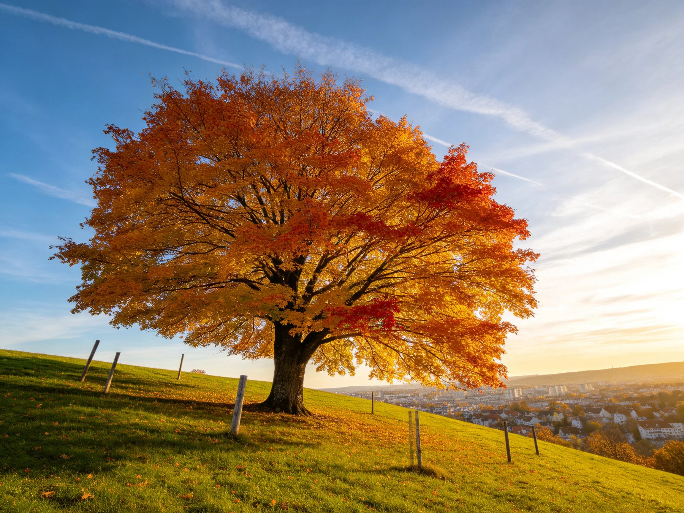 A large tree with vibrant fall foliage on a grassy hill