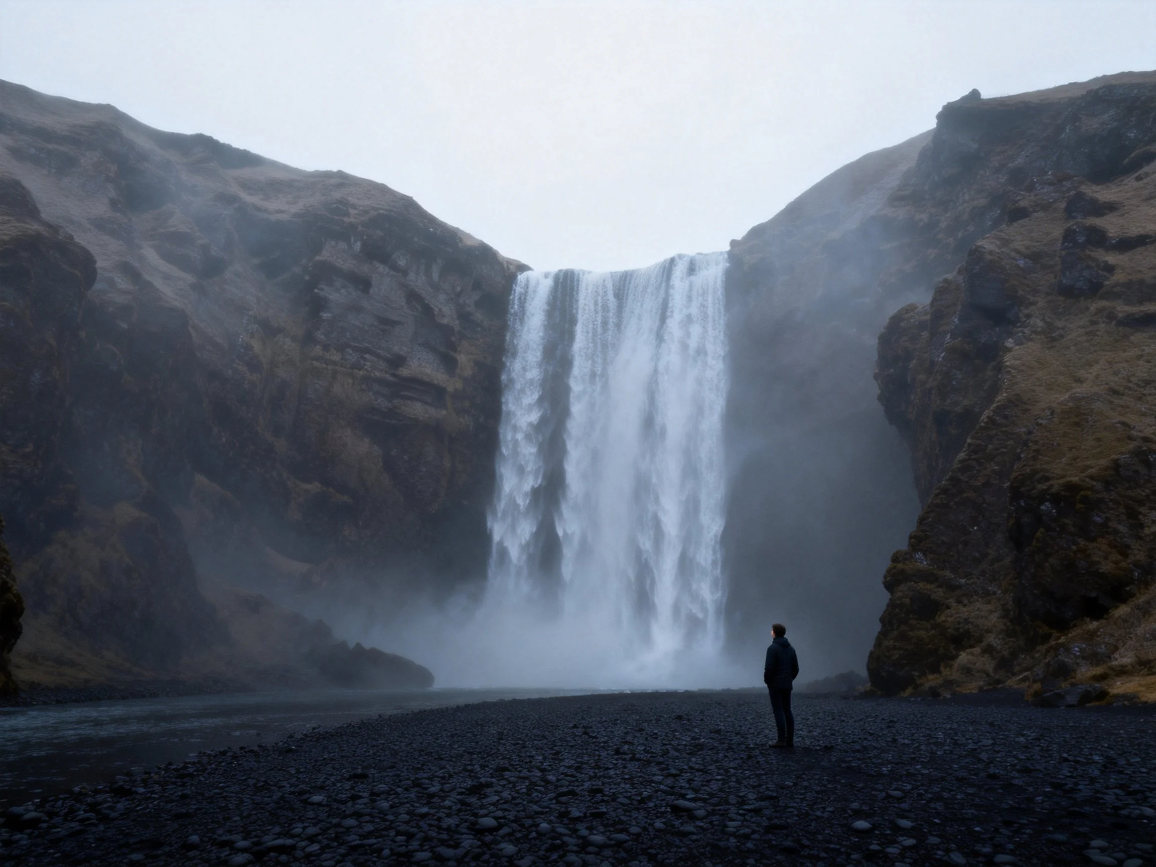 A large waterfall cascades over cliffs into a misty canyon with dark pebbles