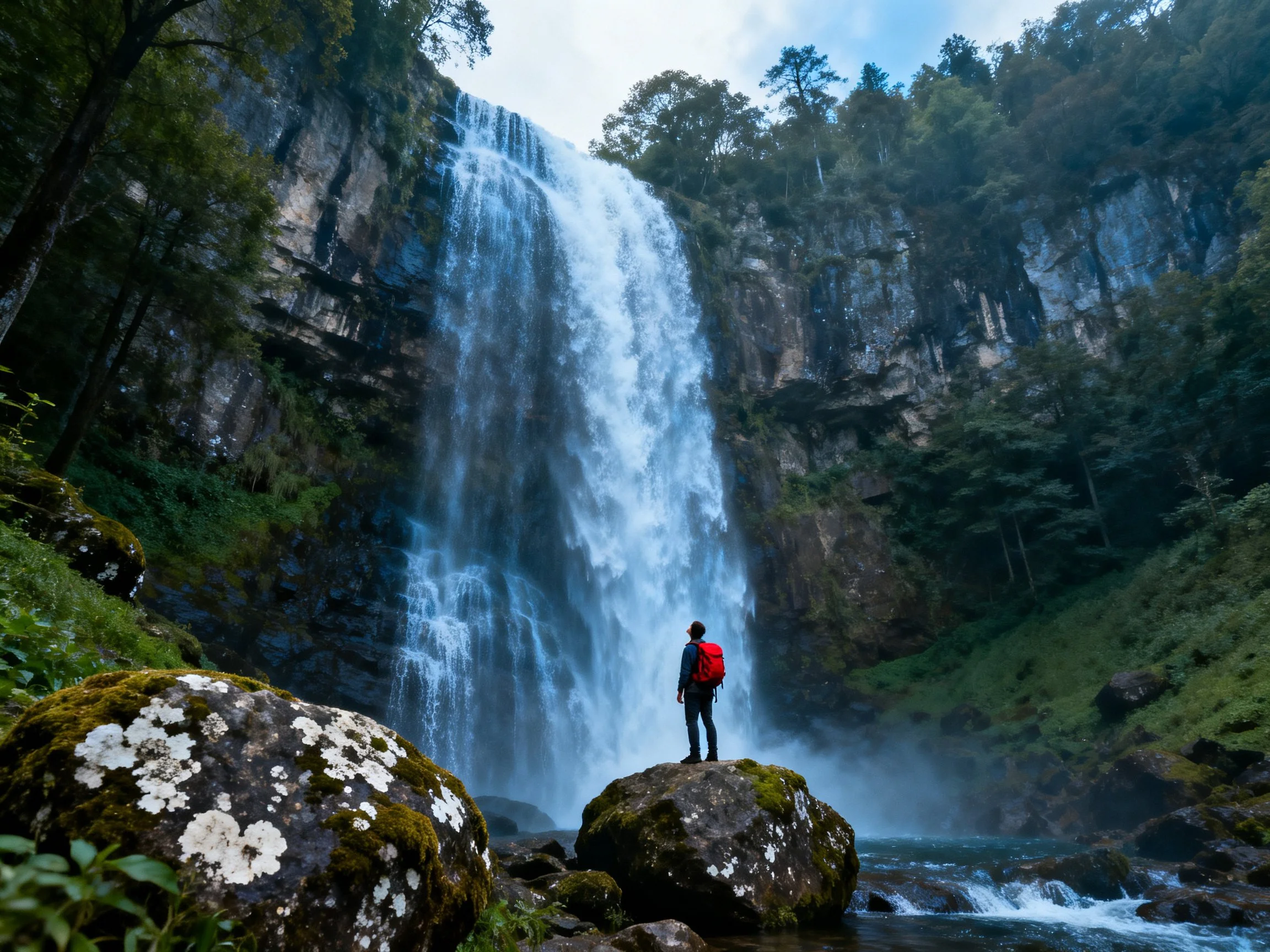 A large waterfall flows down rocky cliffs near a hiker with a red backpack