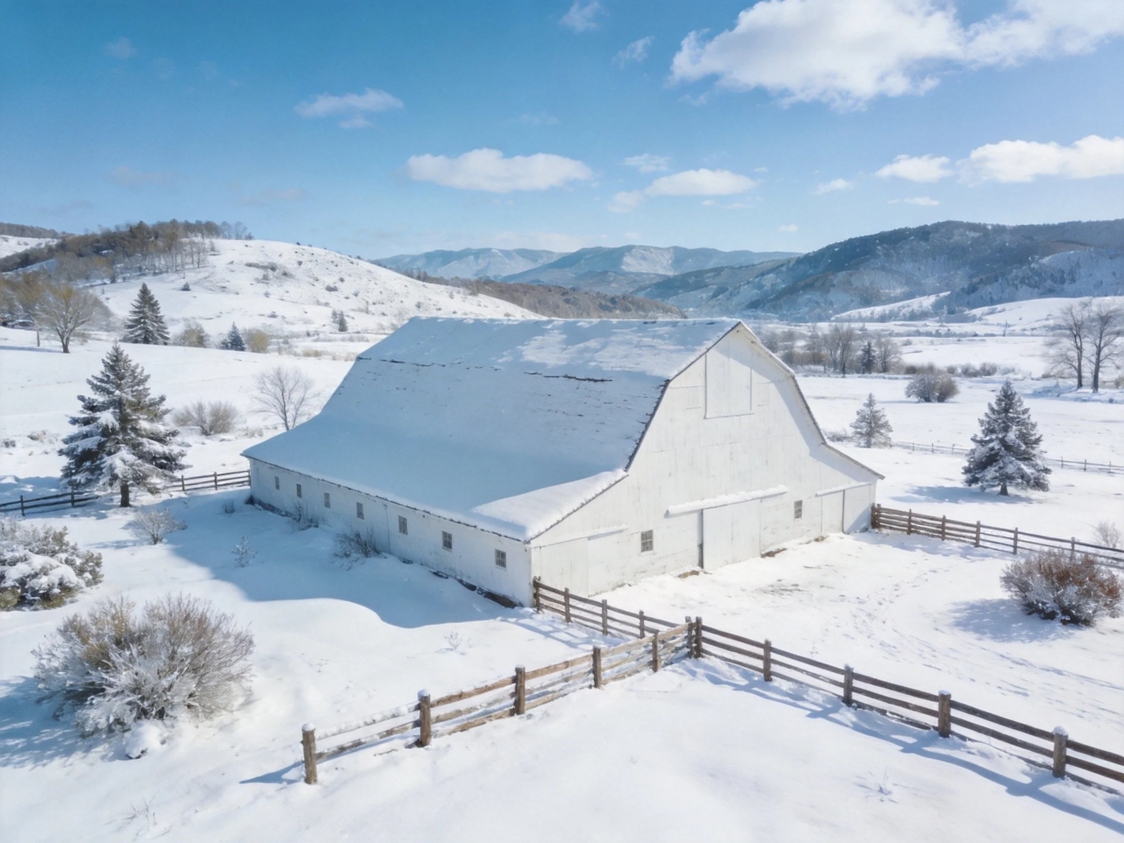 A large white barn in snowy fields with mountain backdrop