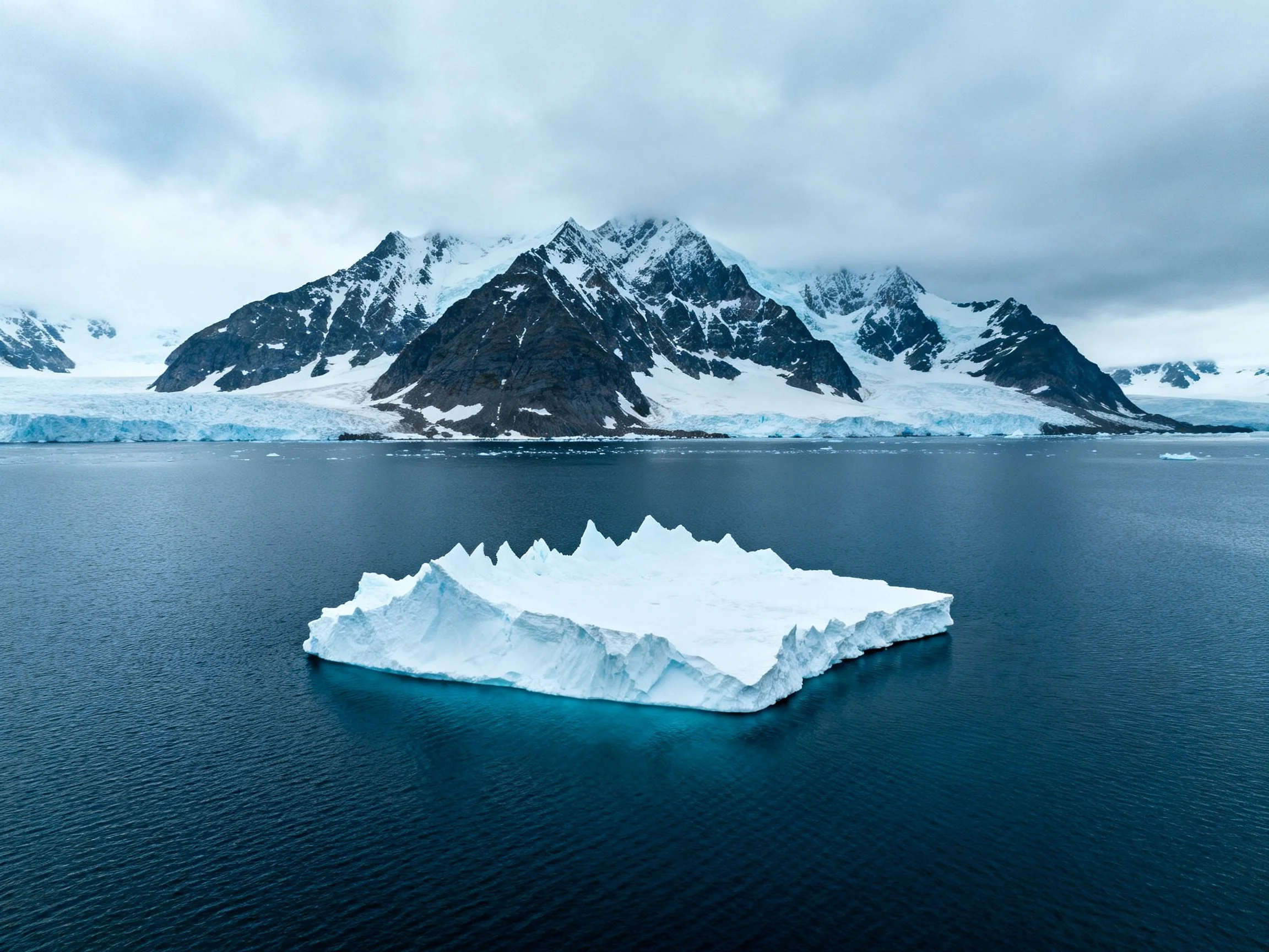 A large white iceberg floats in deep blue water near snow - capped mountain peaks