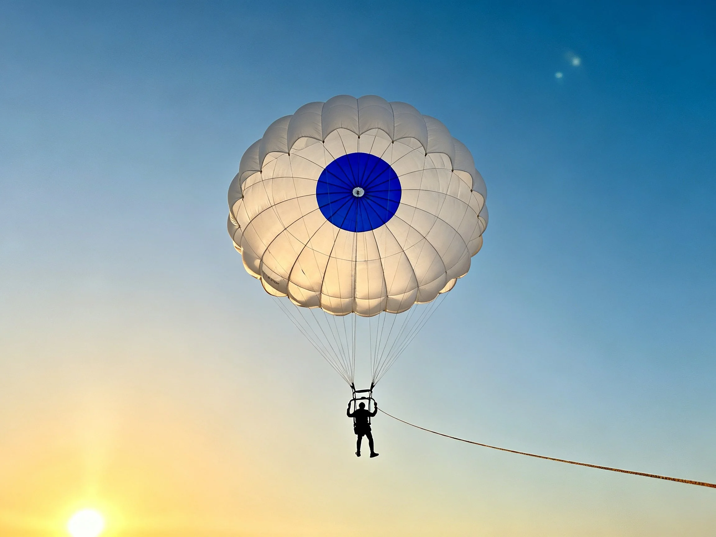 A large white parachute with blue center descends into a gradient sky
